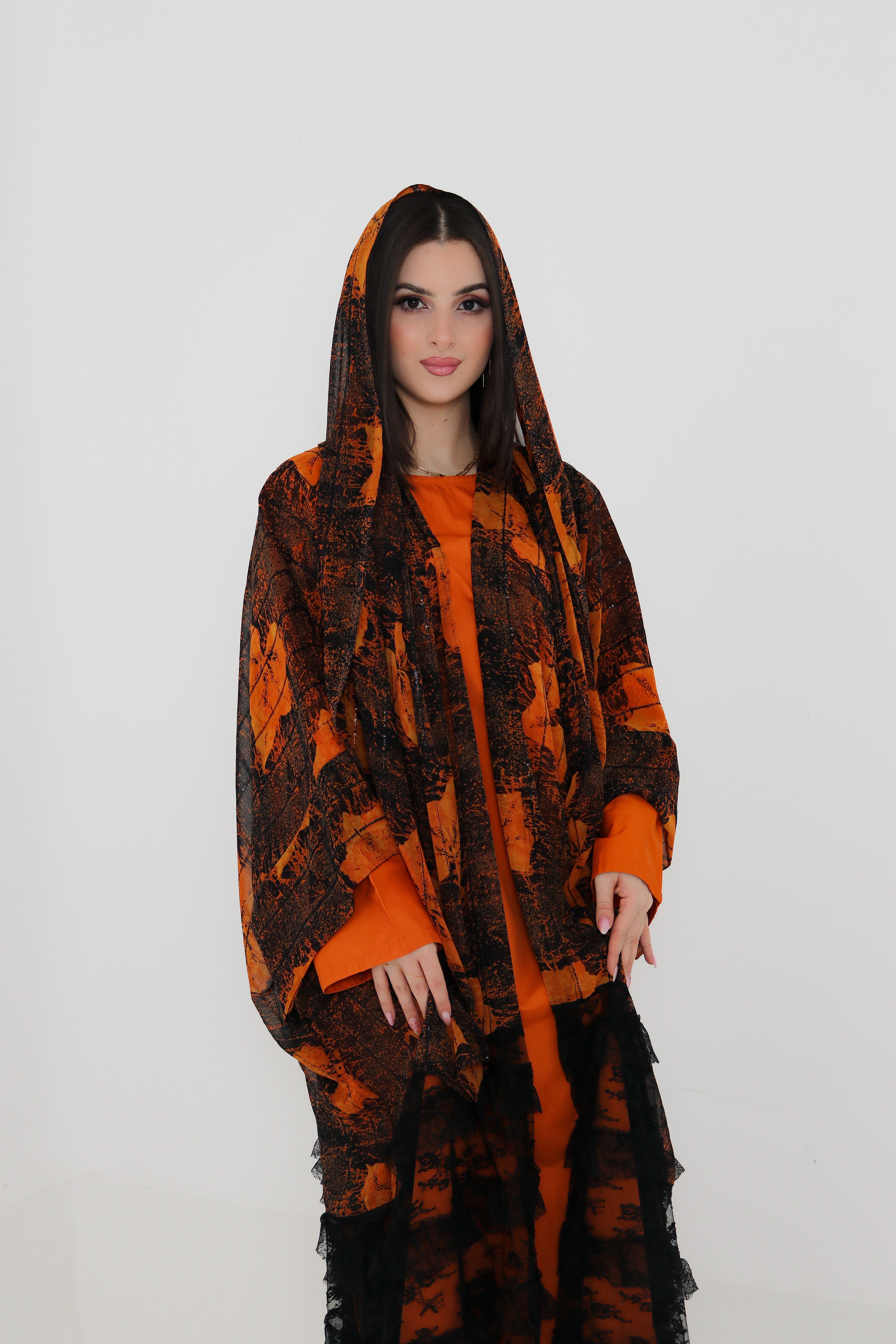 Orange & Black Printed Abaya Set UAE | 3-Piece Abaya with Inner & Sheila