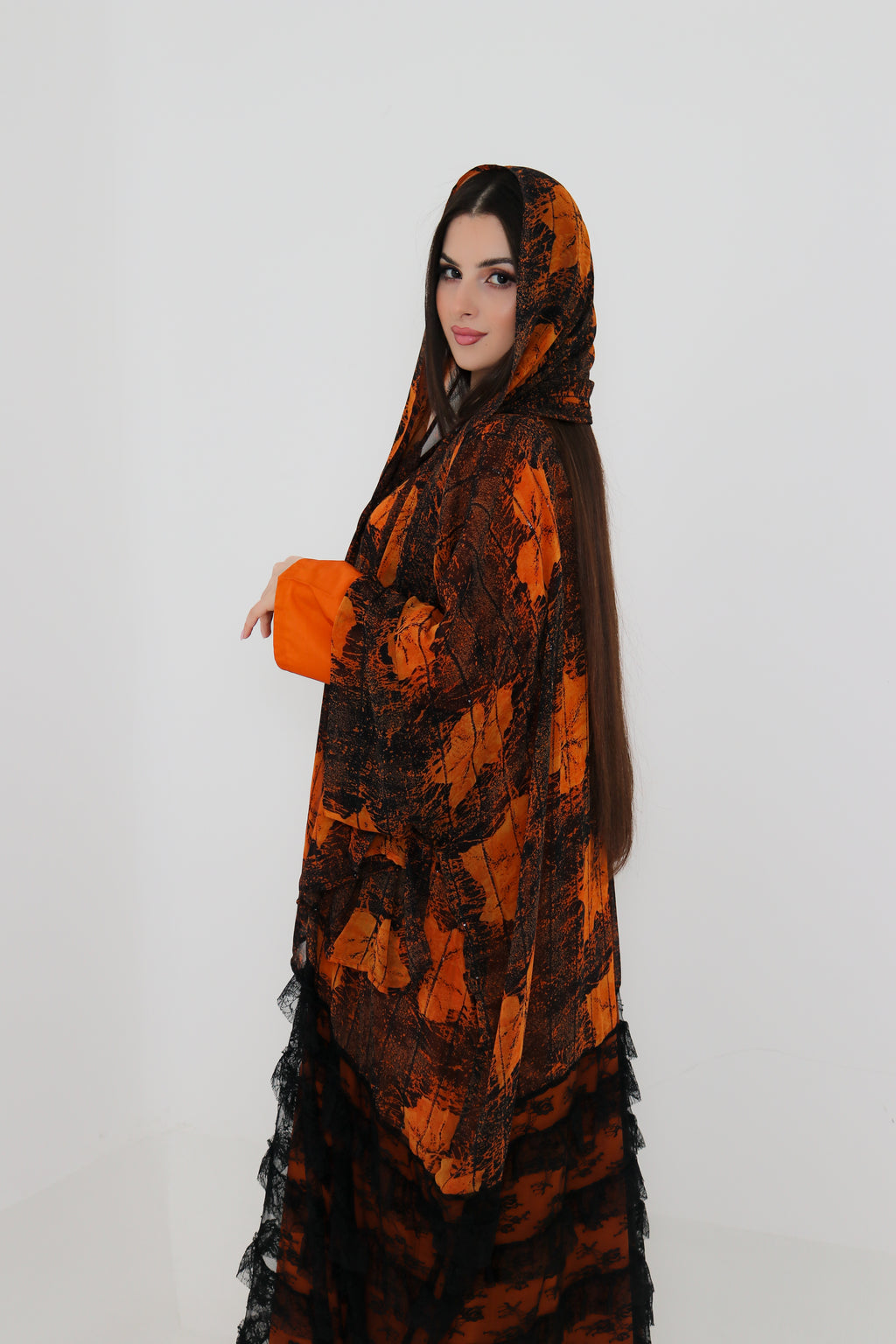 Orange & Black Printed Abaya Set UAE | 3-Piece Abaya with Inner & Sheila