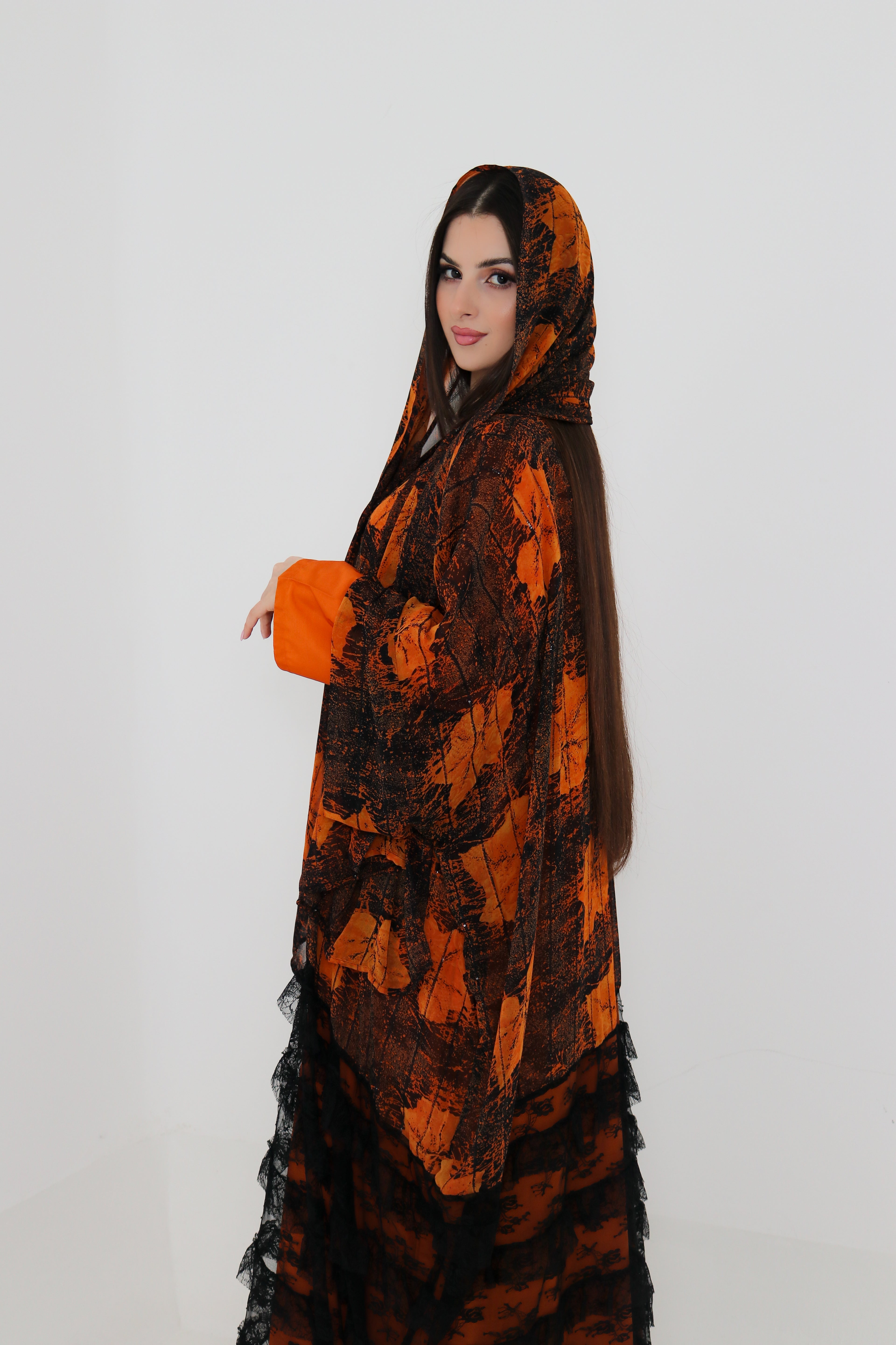 Orange & Black Printed Abaya Set UAE | 3-Piece Abaya with Inner & Sheila