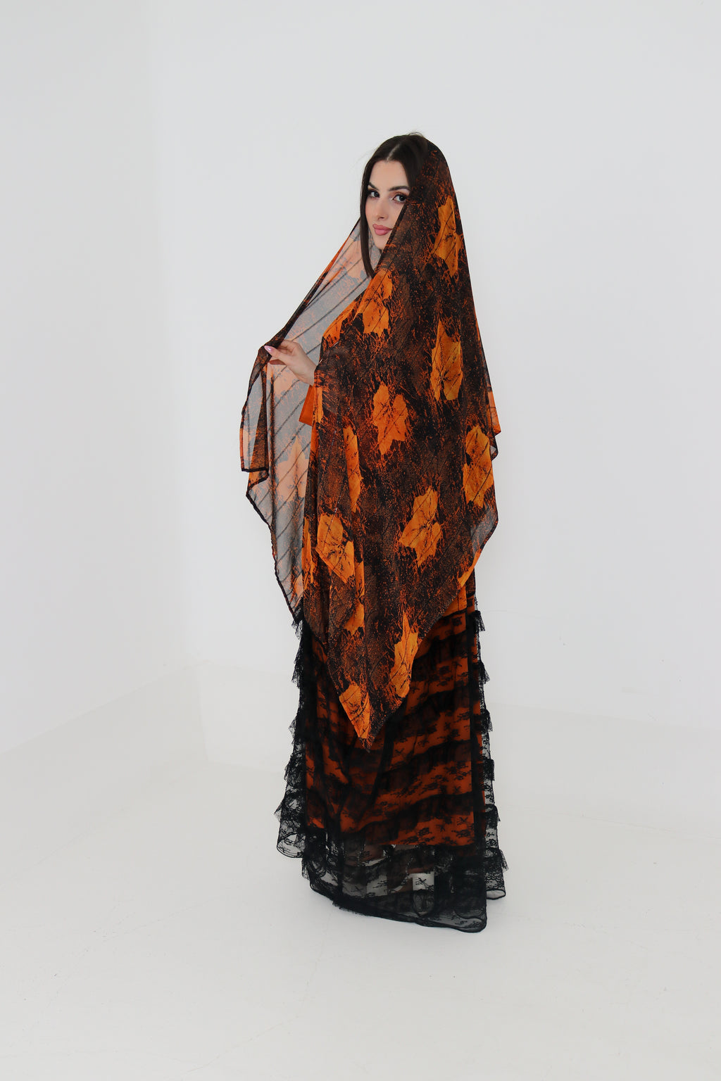Orange & Black Printed Abaya Set UAE | 3-Piece Abaya with Inner & Sheila