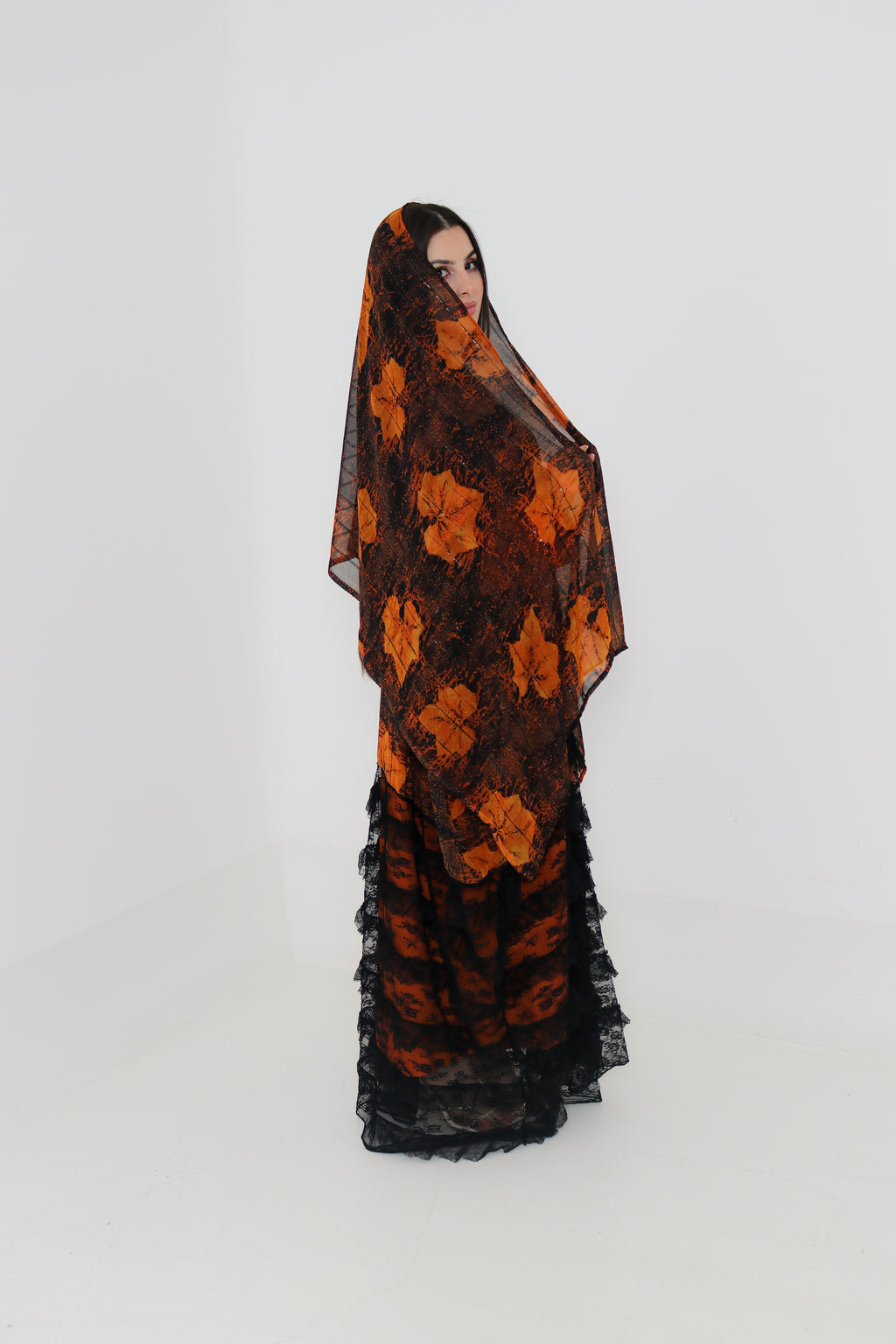 Orange & Black Printed Abaya Set UAE | 3-Piece Abaya with Inner & Sheila