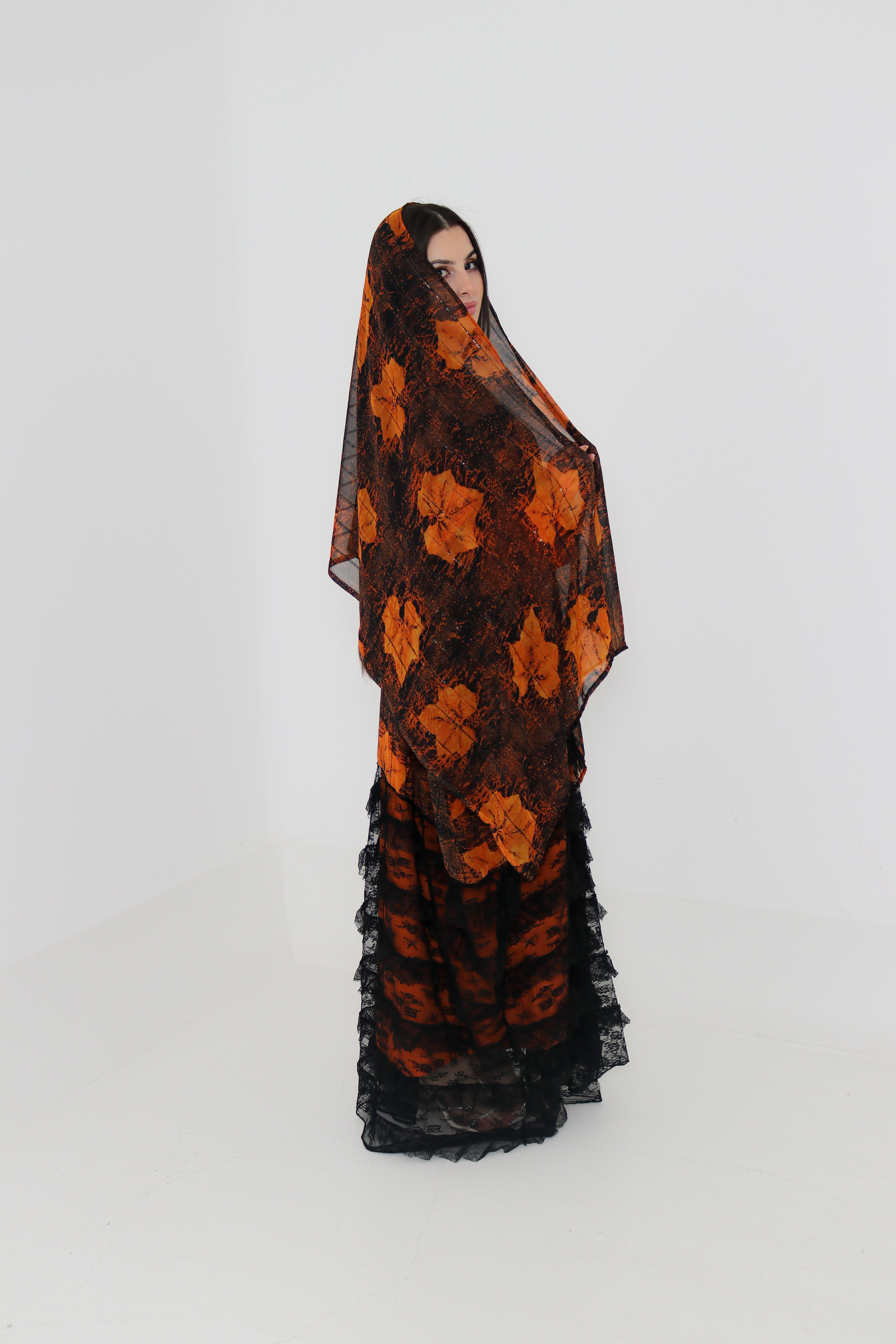 Orange & Black Printed Abaya Set UAE | 3-Piece Abaya with Inner & Sheila