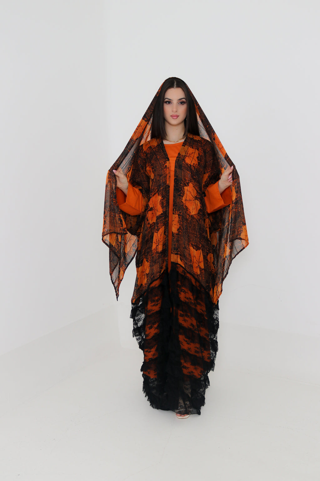 Orange & Black Printed Abaya Set UAE | 3-Piece Abaya with Inner & Sheila