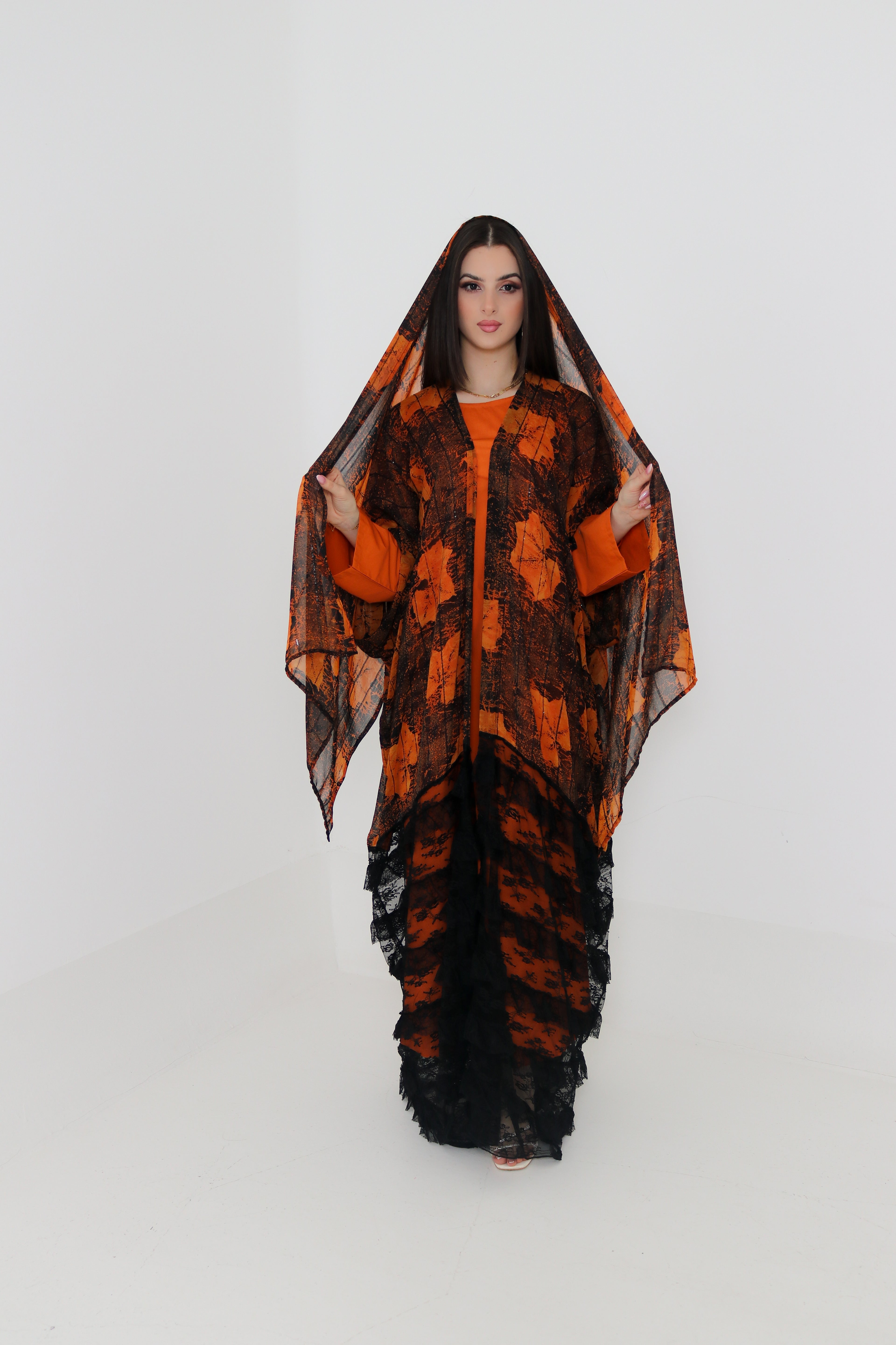 Orange & Black Printed Abaya Set UAE | 3-Piece Abaya with Inner & Sheila