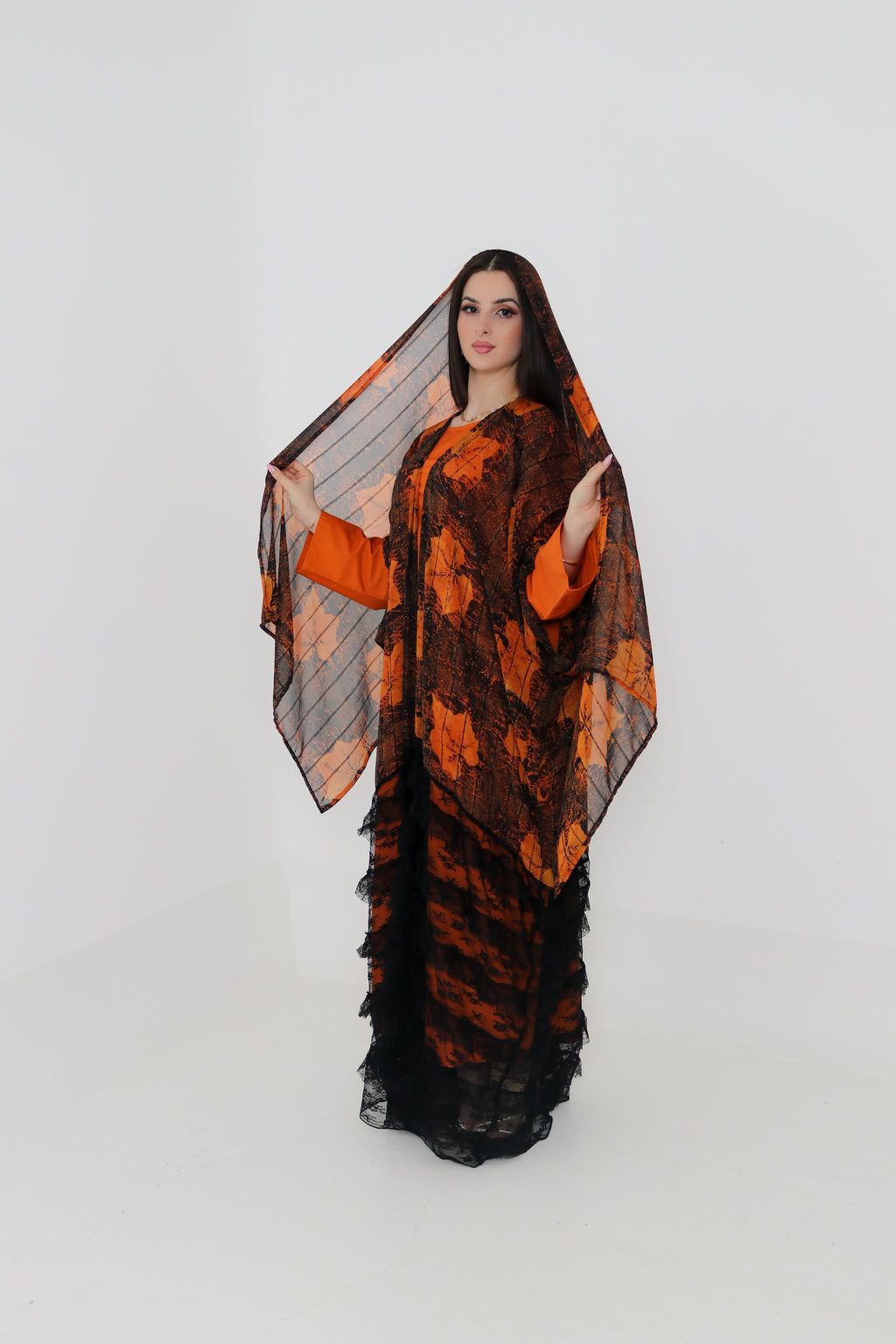 Orange & Black Printed Abaya Set UAE | 3-Piece Abaya with Inner & Sheila