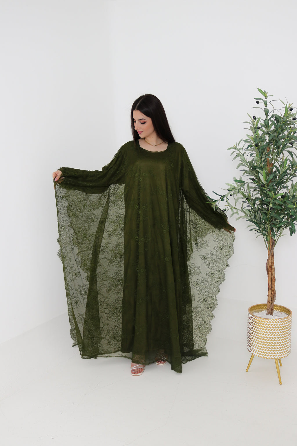 Olive Green Lace Abaya | Full Lace Overlay