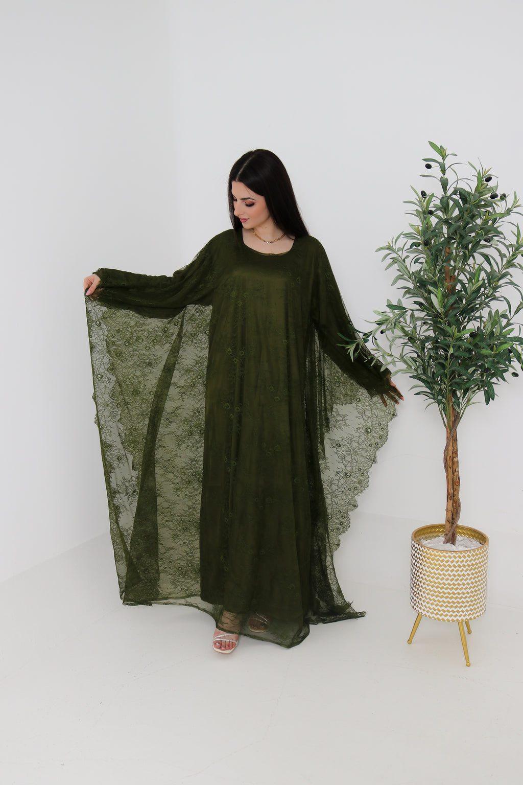 Olive Green Lace Abaya | Full Lace Overlay