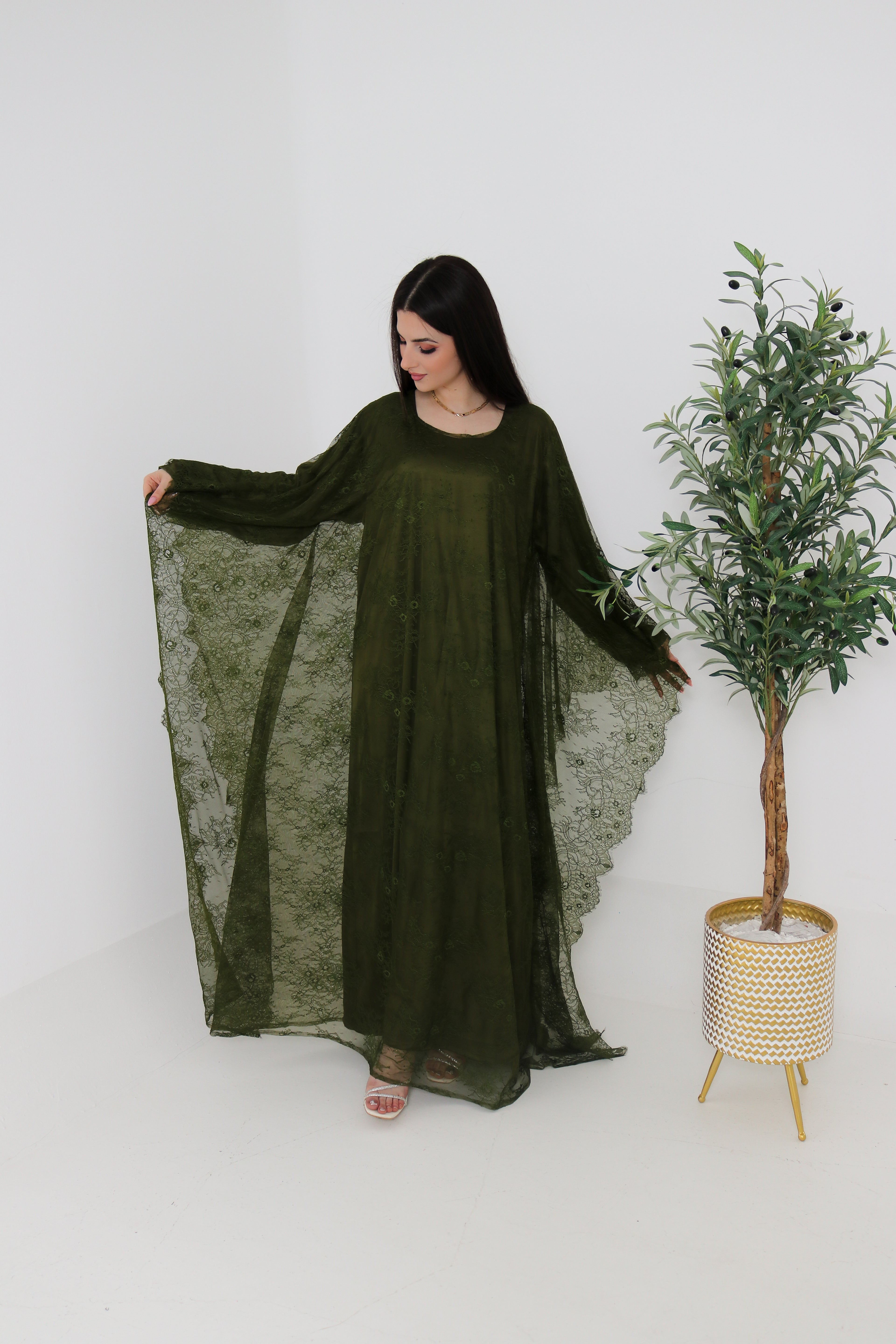 Olive Green Lace Abaya | Full Lace Overlay