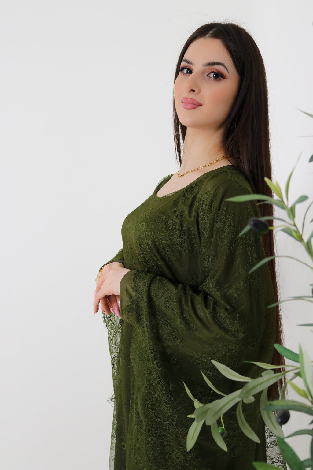 Olive Green Lace Abaya | Full Lace Overlay