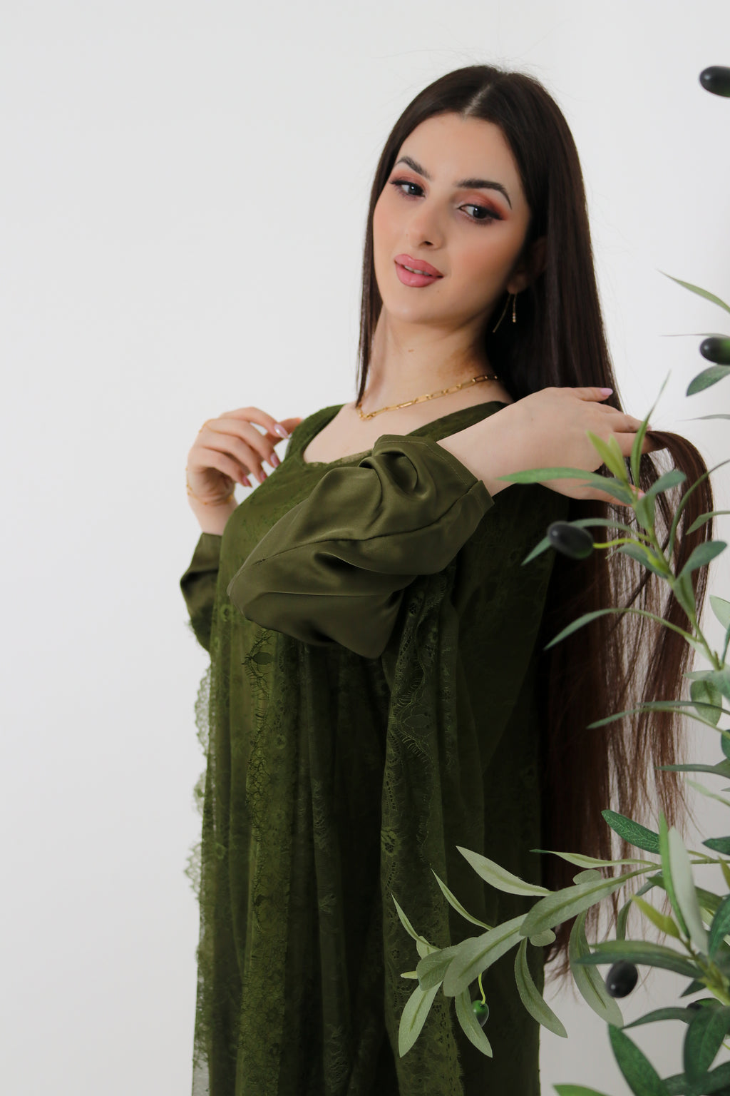 Olive Green Lace Abaya | Full Lace Overlay
