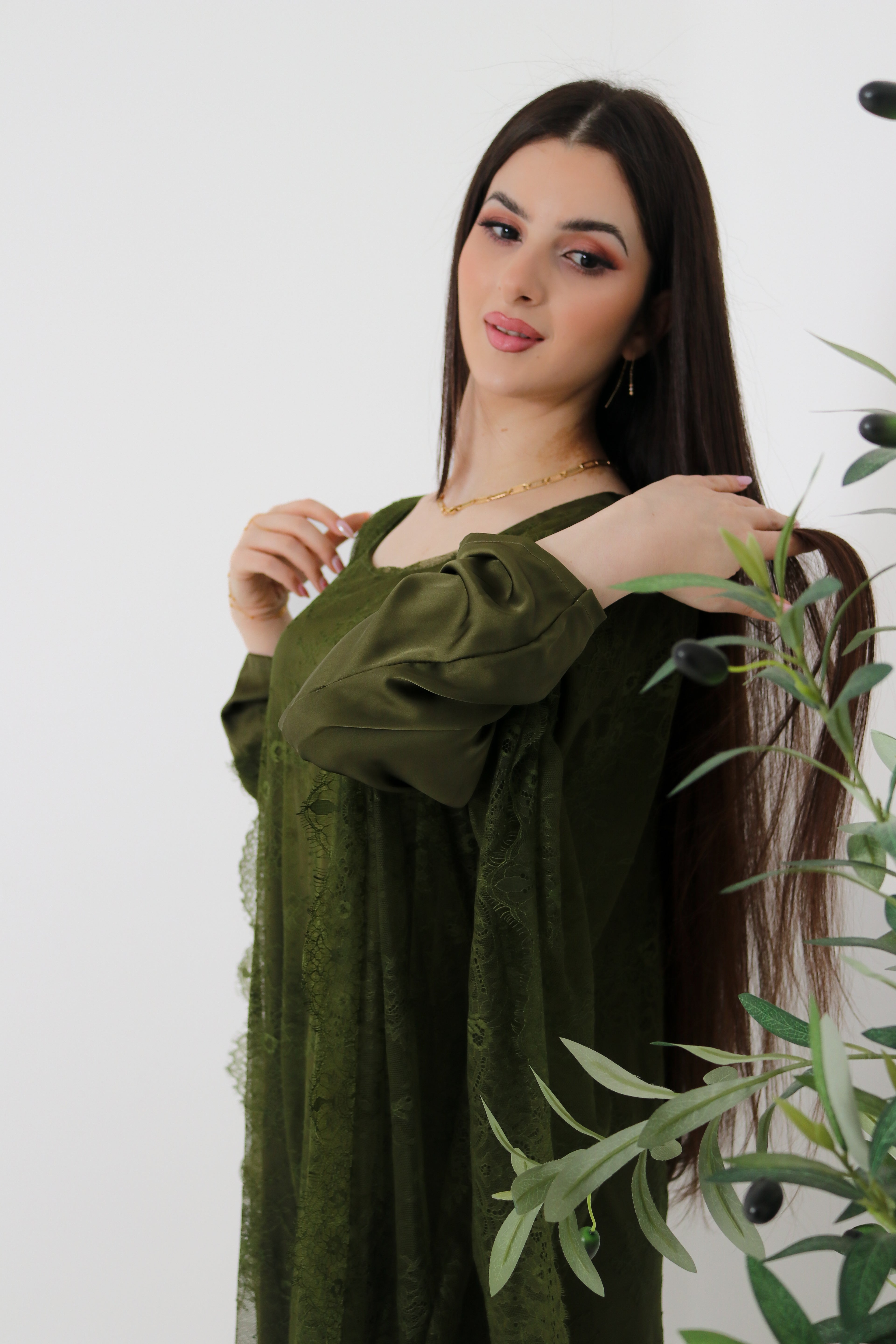 Olive Green Lace Abaya | Full Lace Overlay