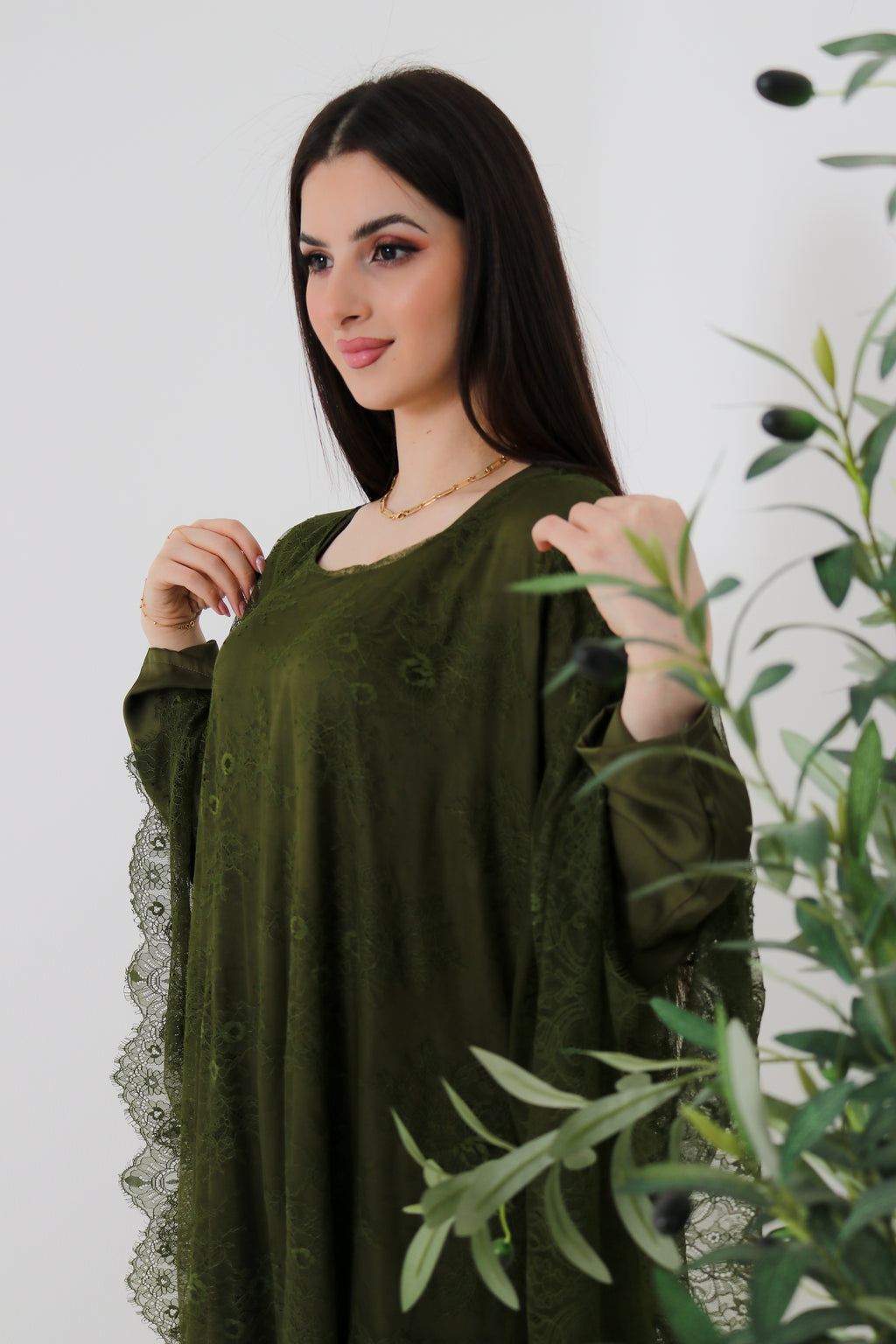 Olive Green Lace Abaya | Full Lace Overlay