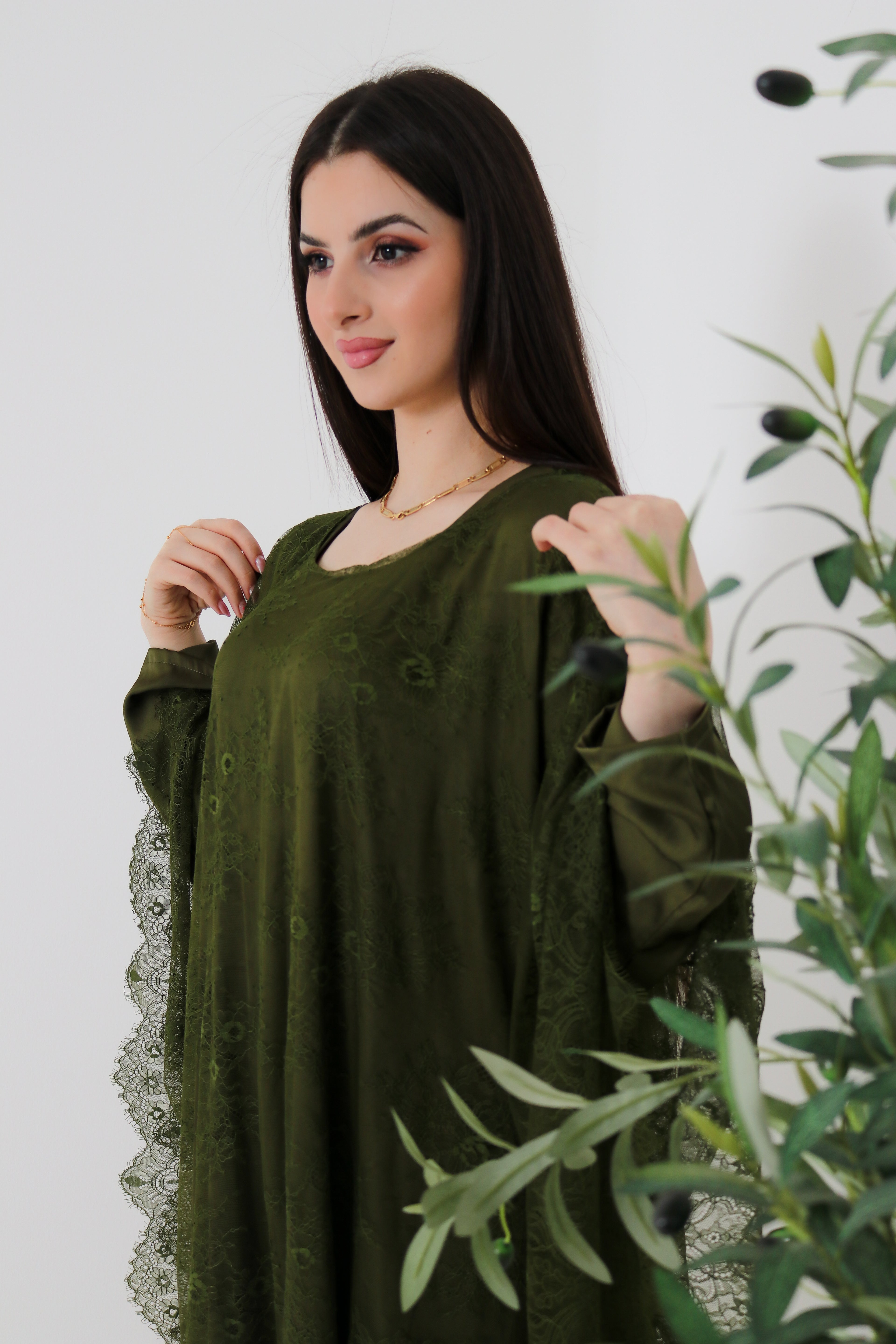 Olive Green Lace Abaya | Full Lace Overlay