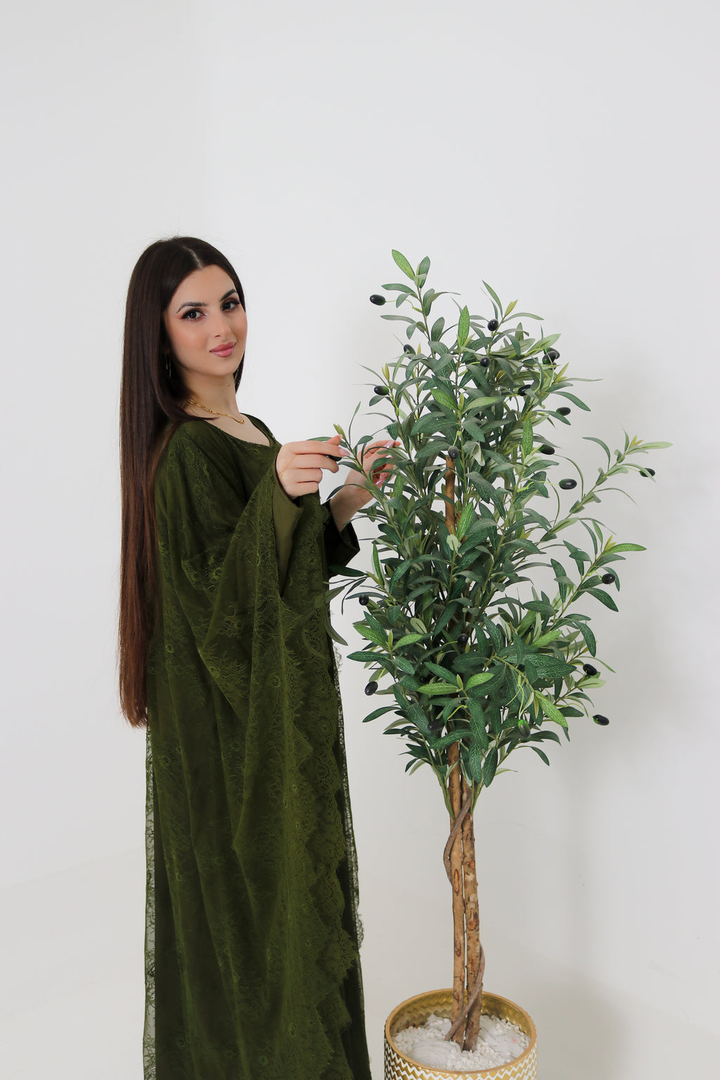 Olive Green Lace Abaya | Full Lace Overlay