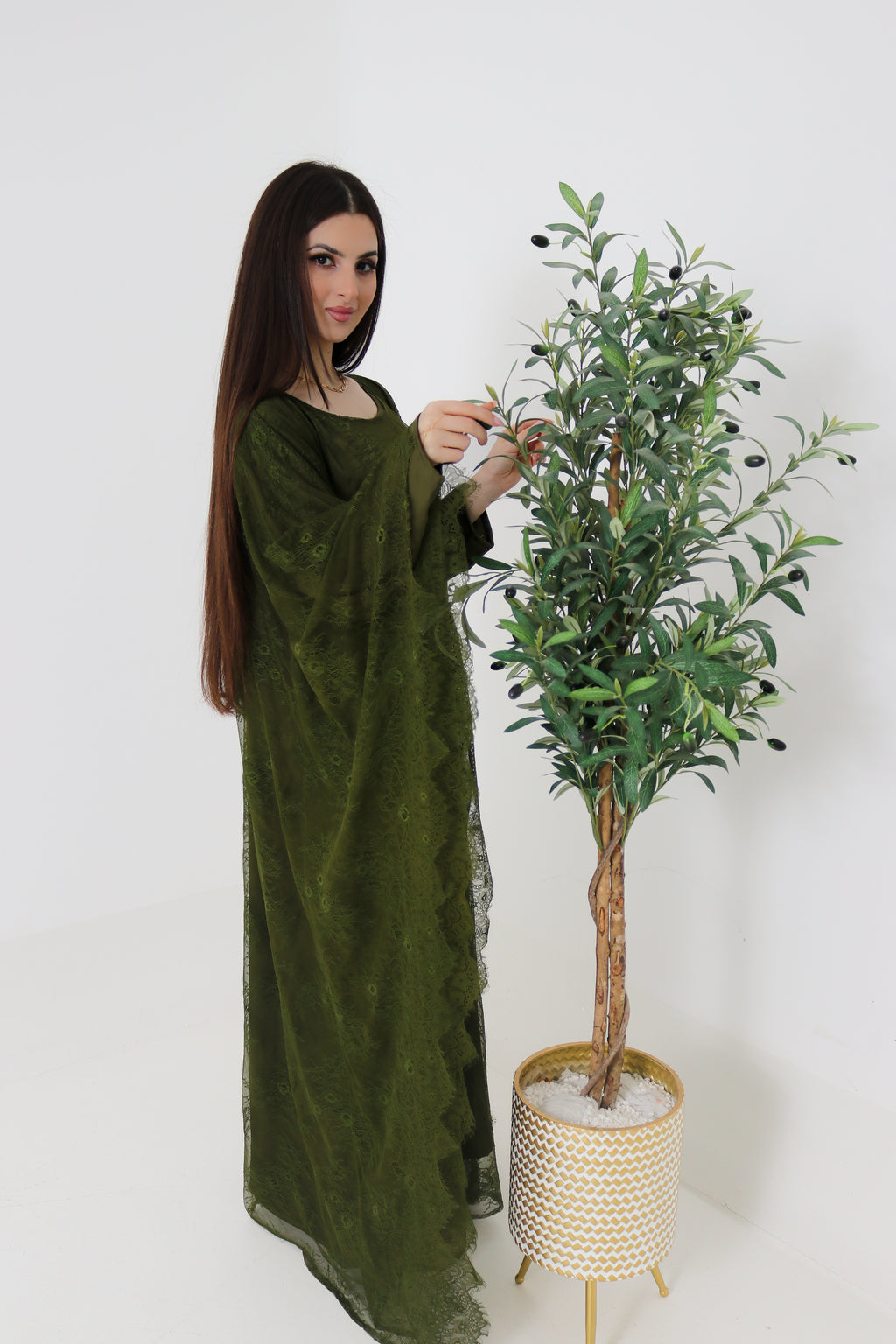 Olive Green Lace Abaya | Full Lace Overlay