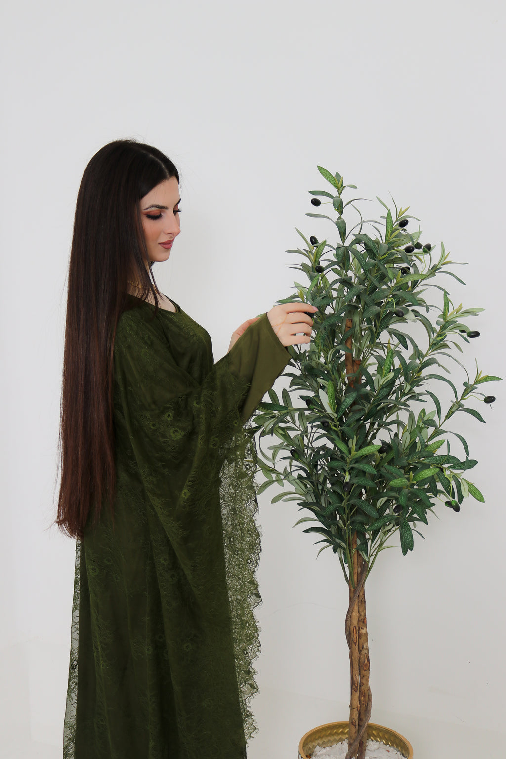 Olive Green Lace Abaya | Full Lace Overlay
