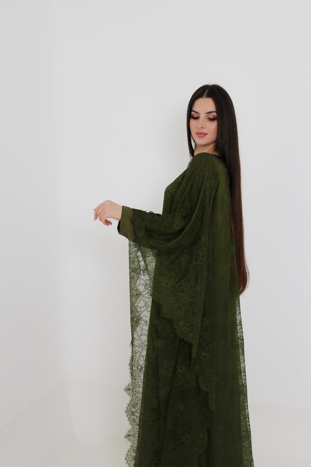 Olive Green Lace Abaya | Full Lace Overlay