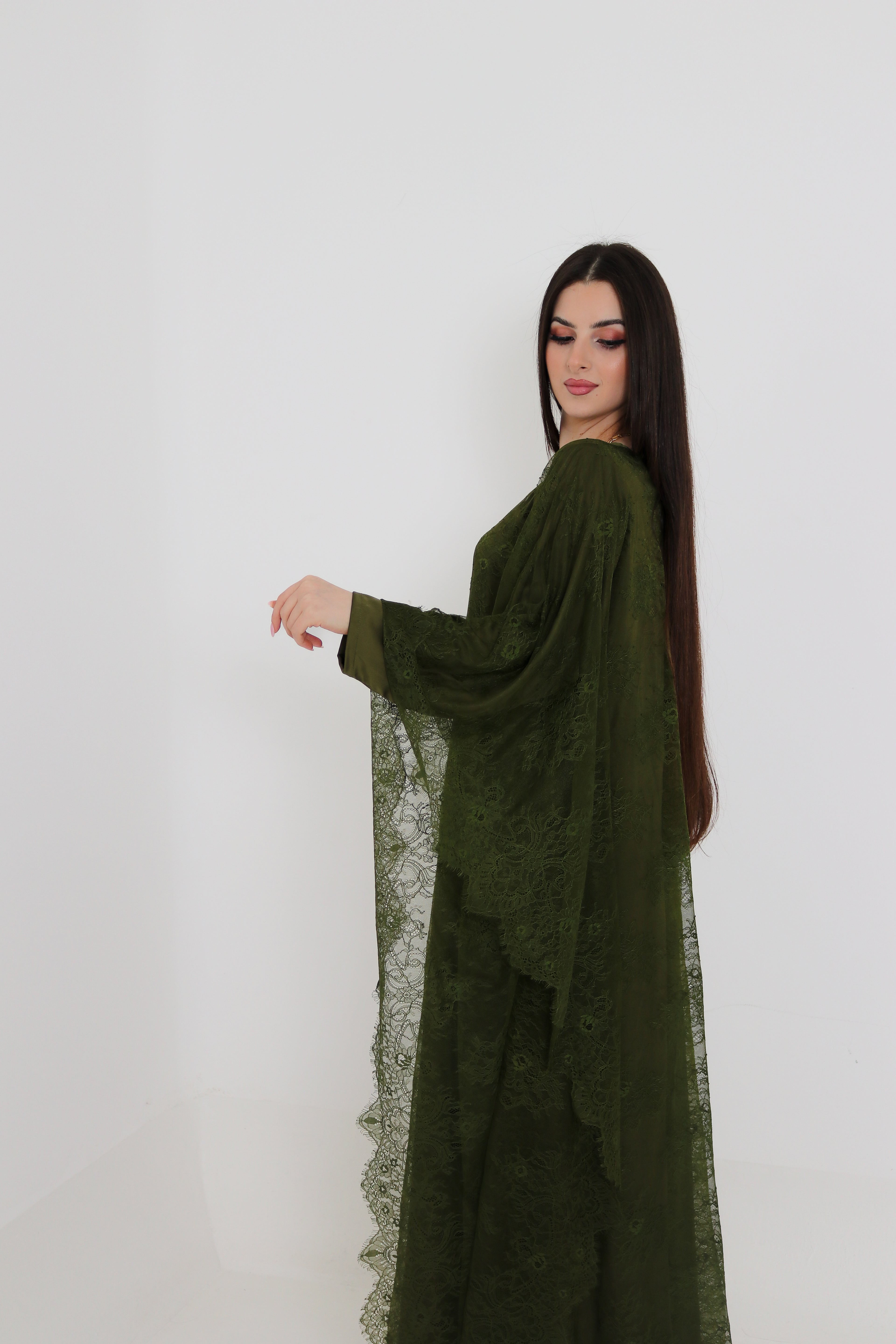 Olive Green Lace Abaya | Full Lace Overlay