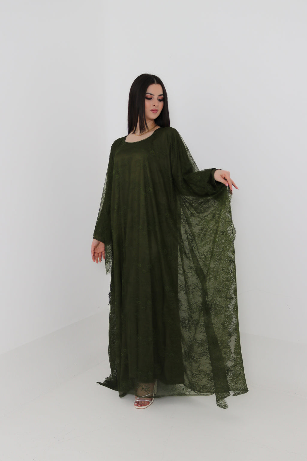 Olive Green Lace Abaya | Full Lace Overlay