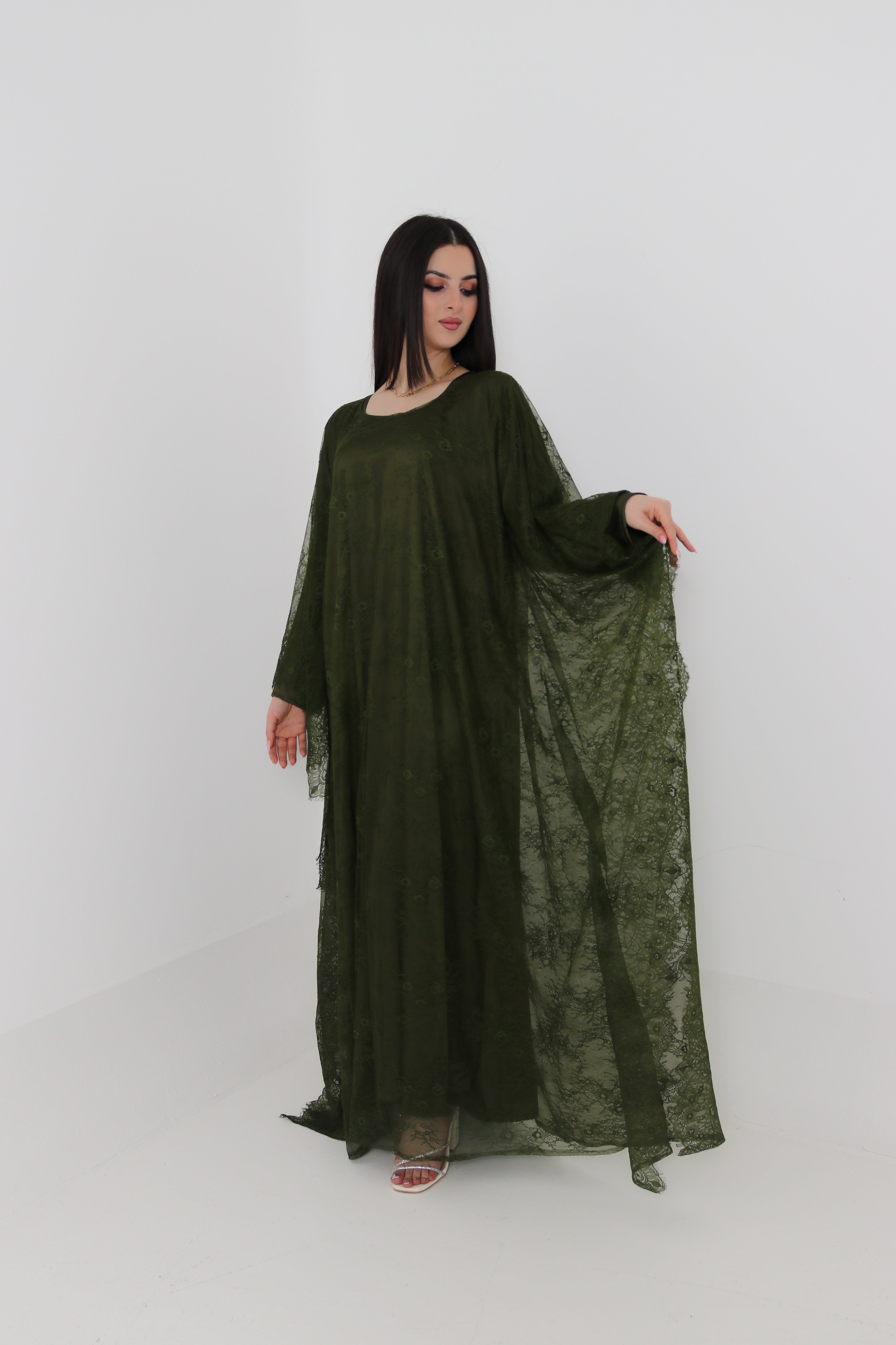 Olive Green Lace Abaya | Full Lace Overlay