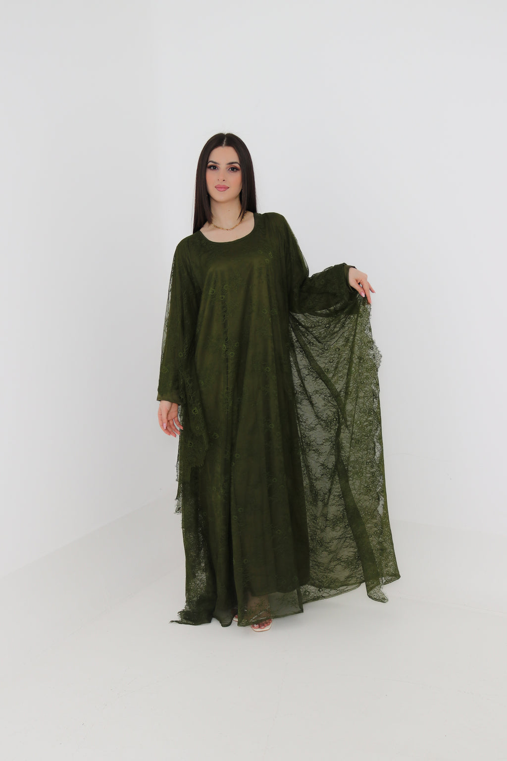 Olive Green Lace Abaya | Full Lace Overlay