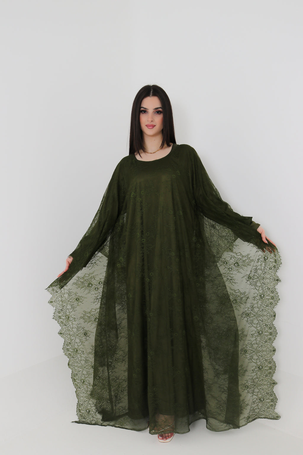 Olive Green Lace Abaya | Full Lace Overlay