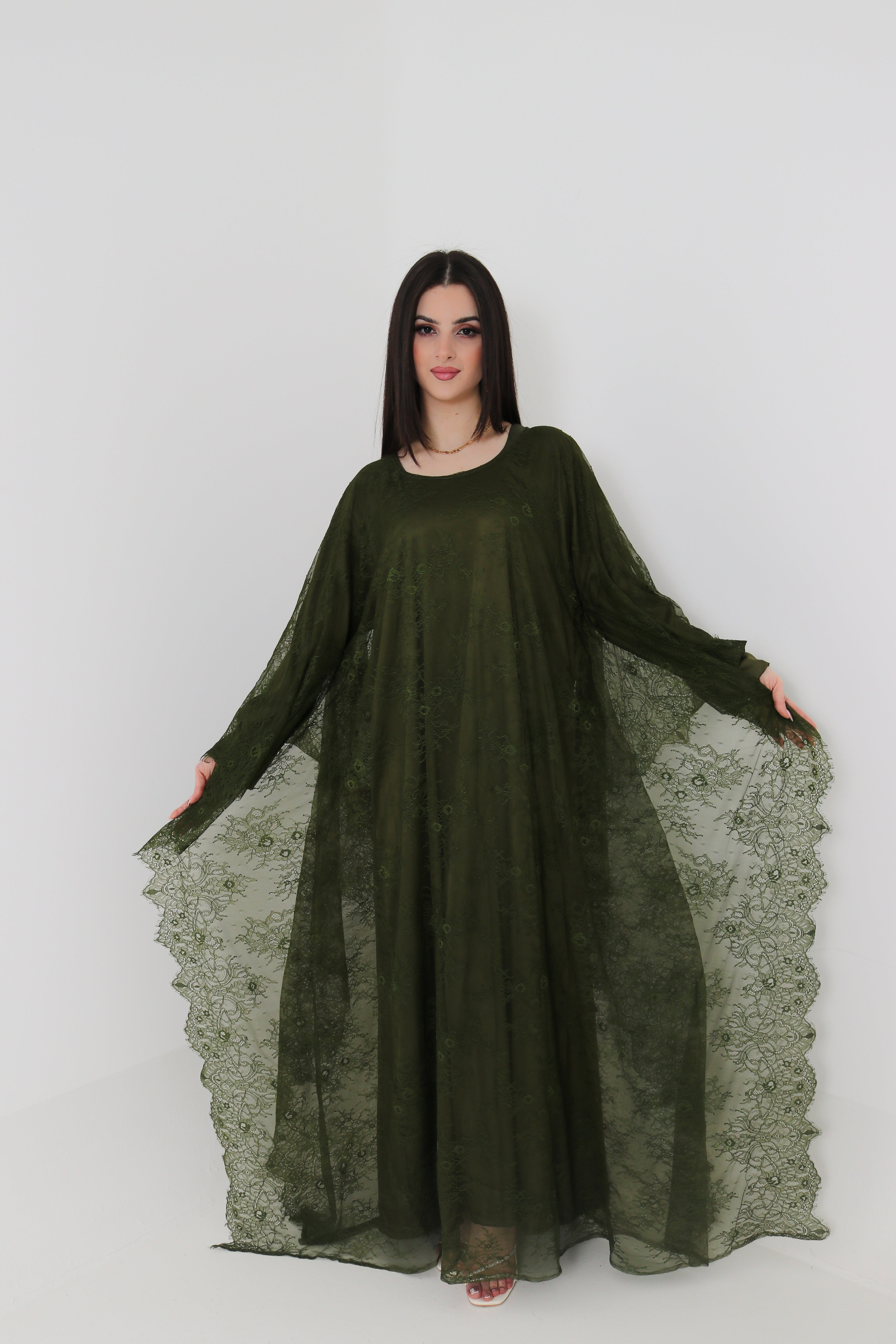 Olive Green Lace Abaya | Full Lace Overlay