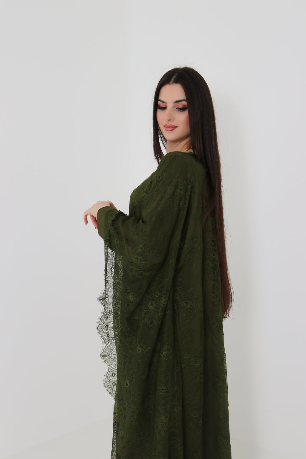 Olive Green Lace Abaya | Full Lace Overlay