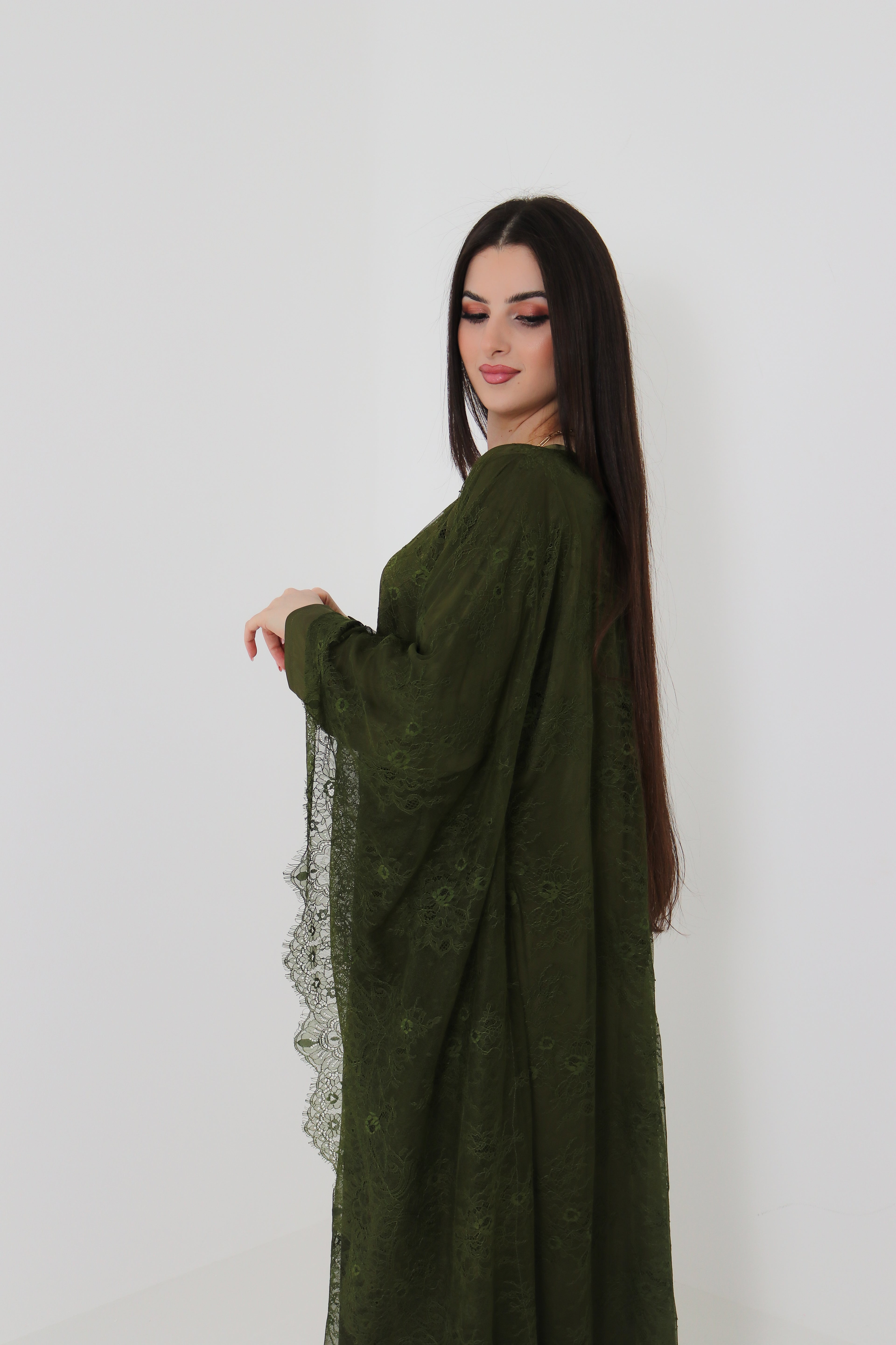 Olive Green Lace Abaya | Full Lace Overlay
