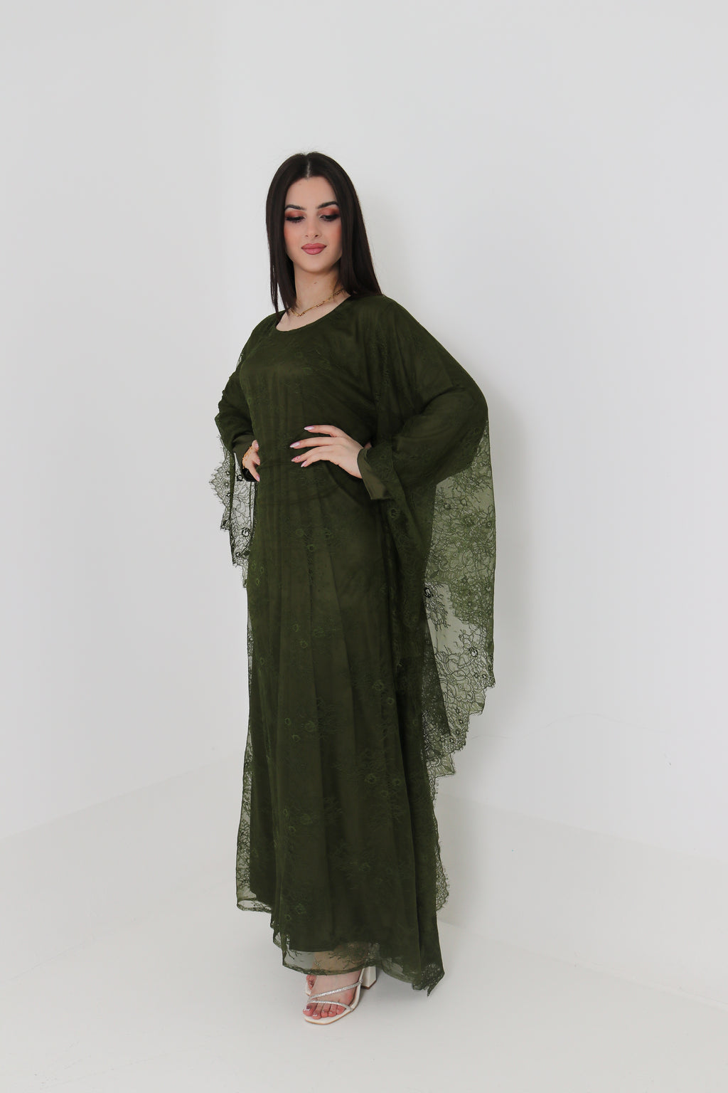 Olive Green Lace Abaya | Full Lace Overlay