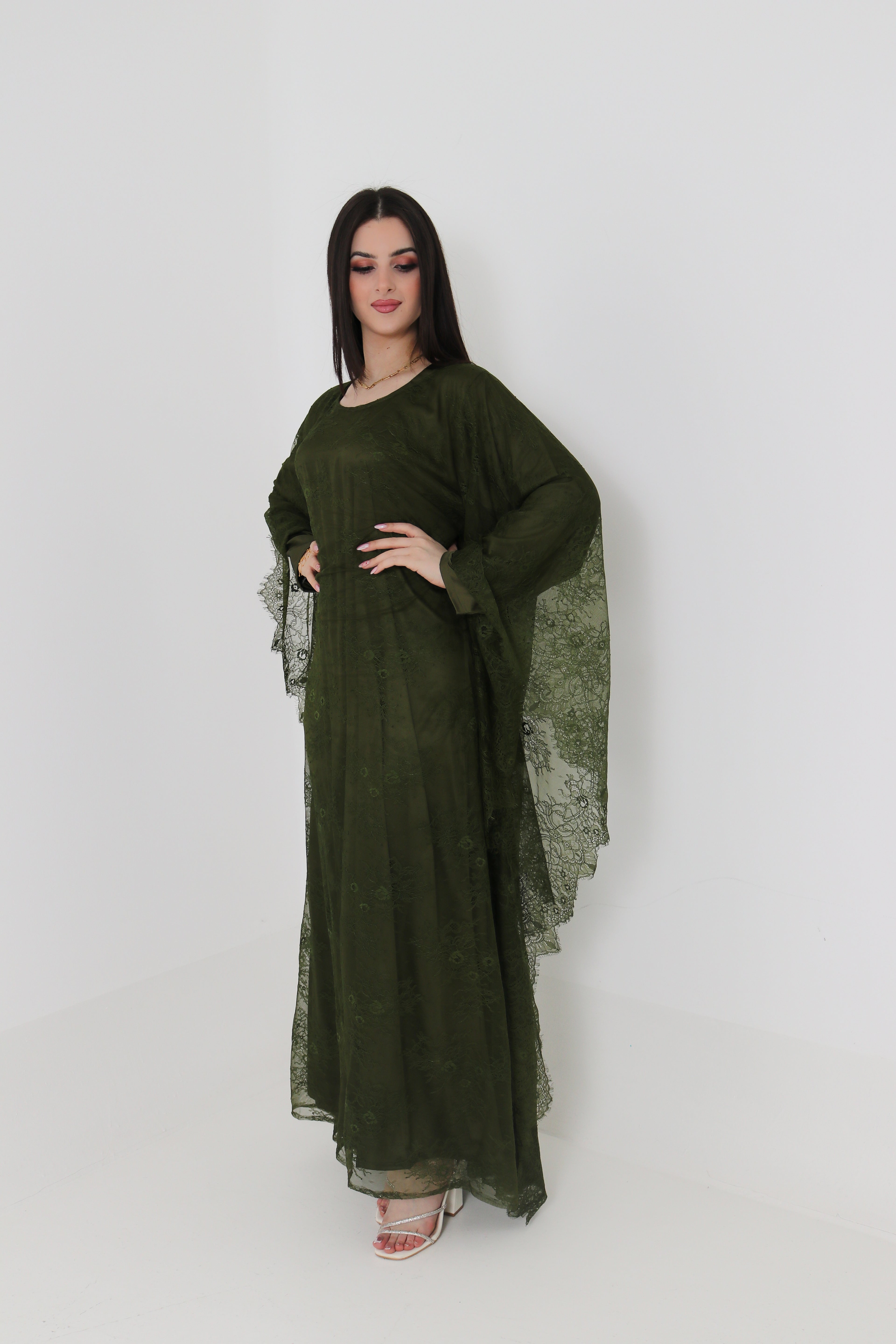 Olive Green Lace Abaya | Full Lace Overlay