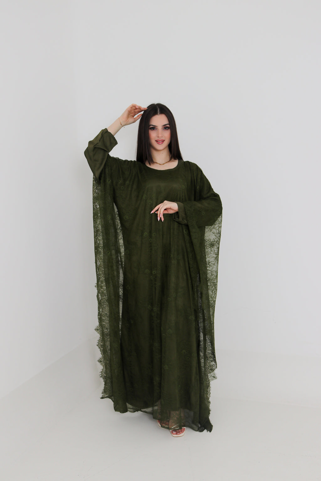 Olive Green Lace Abaya | Full Lace Overlay