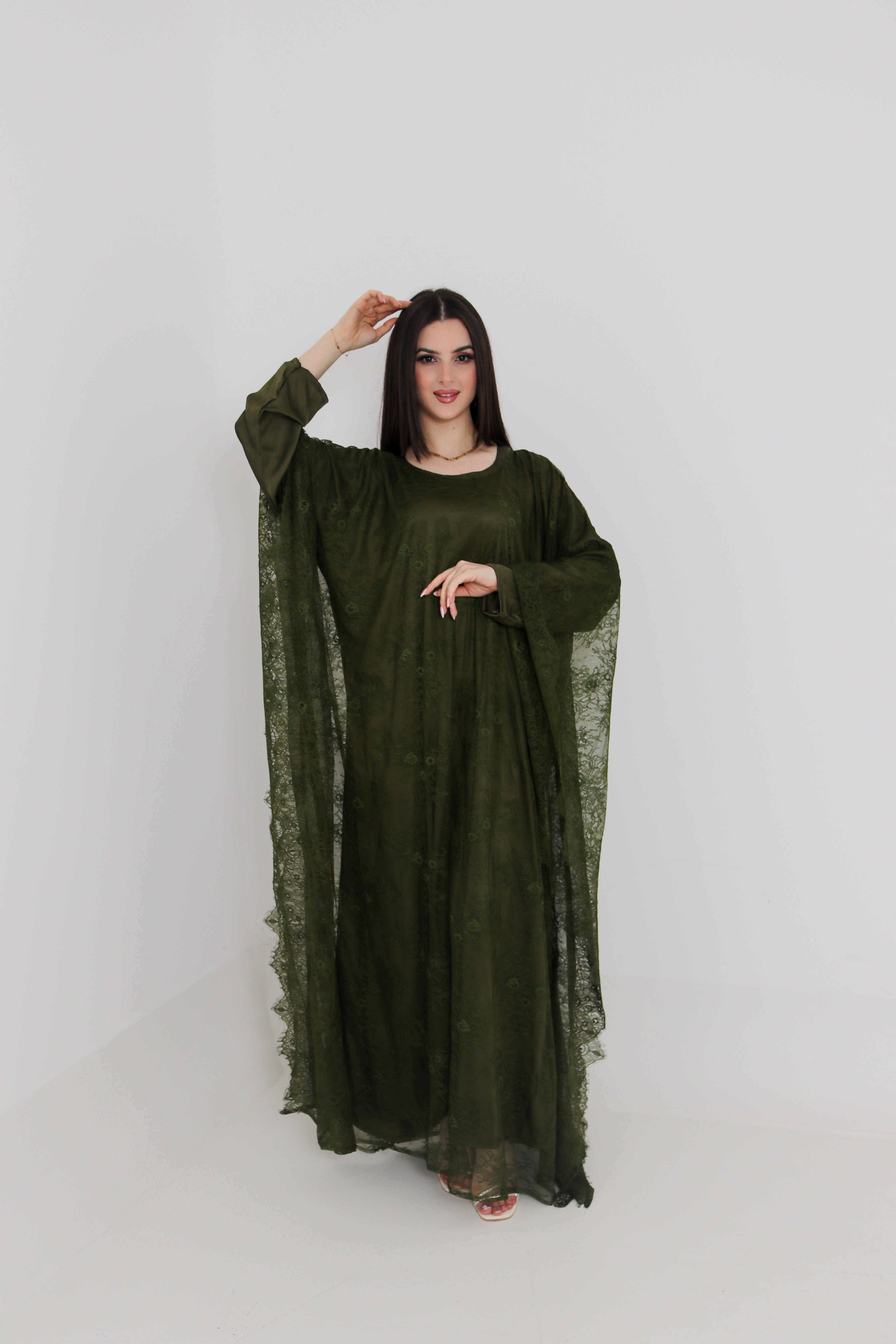 Olive Green Lace Abaya | Full Lace Overlay