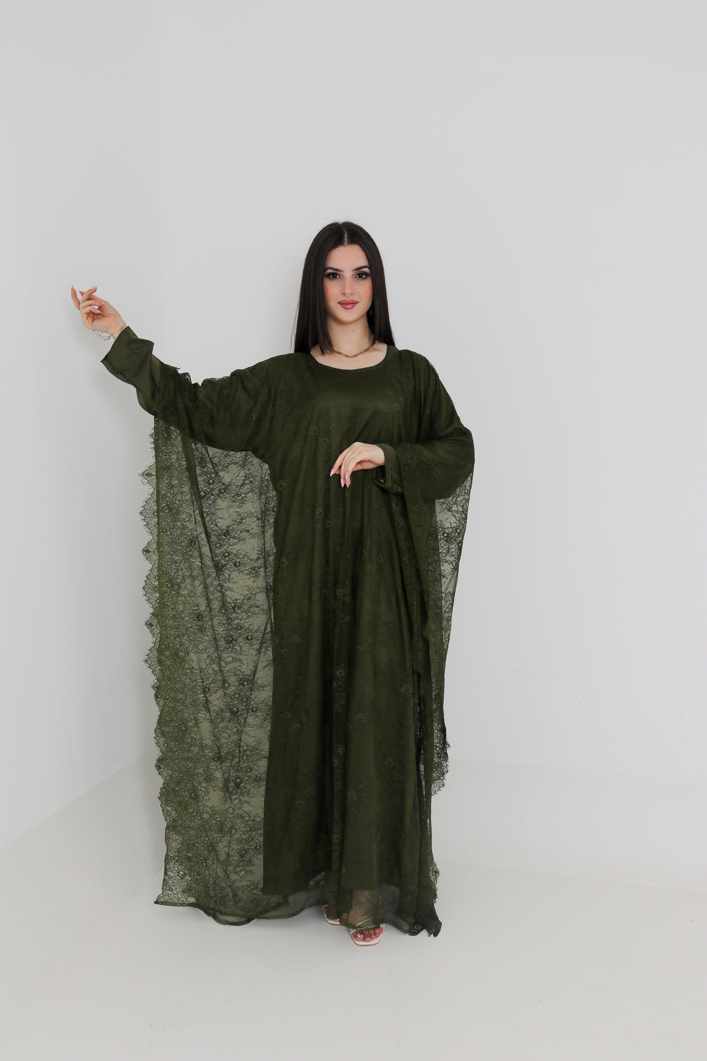 Olive Green Lace Abaya | Full Lace Overlay