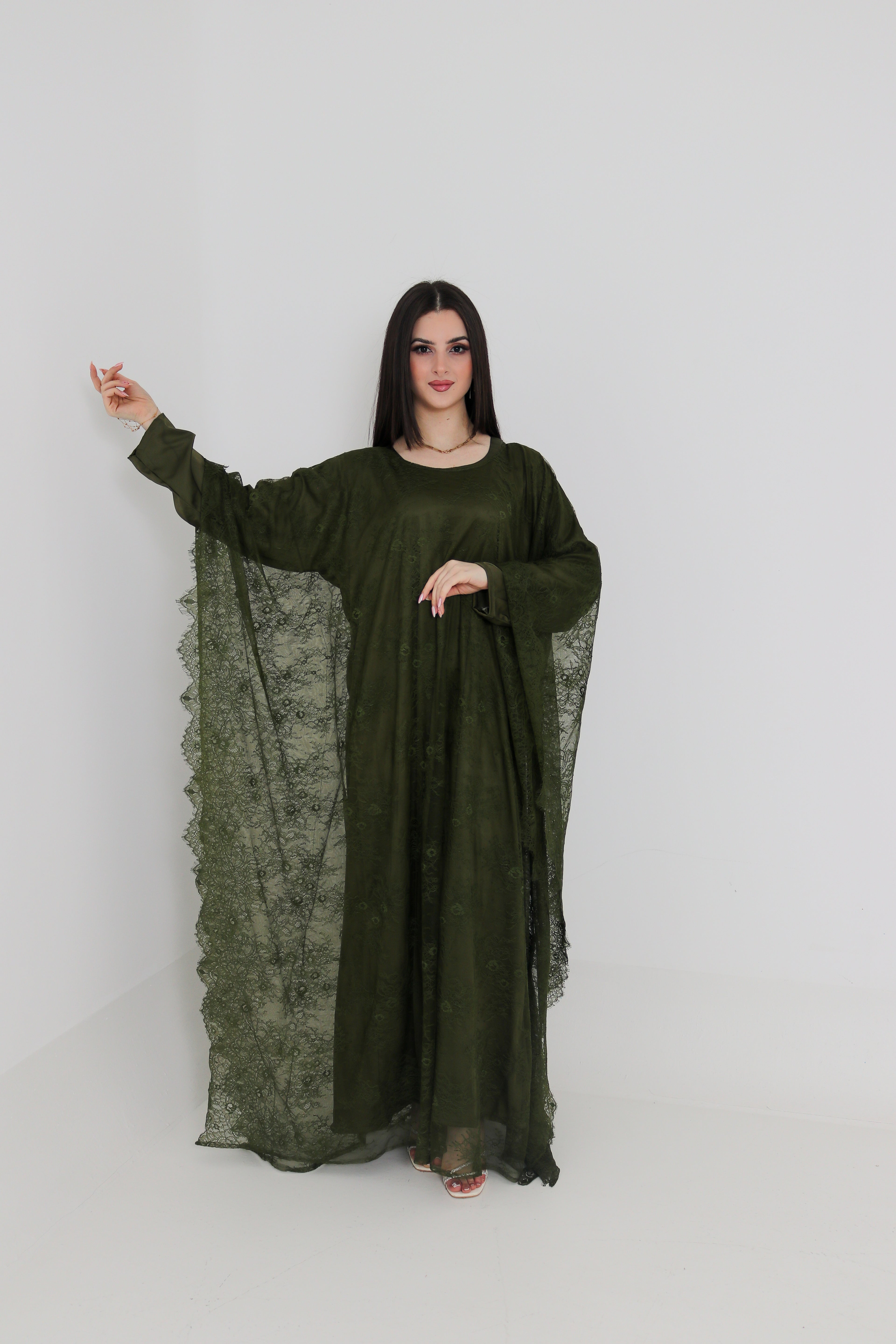 Olive Green Lace Abaya | Full Lace Overlay
