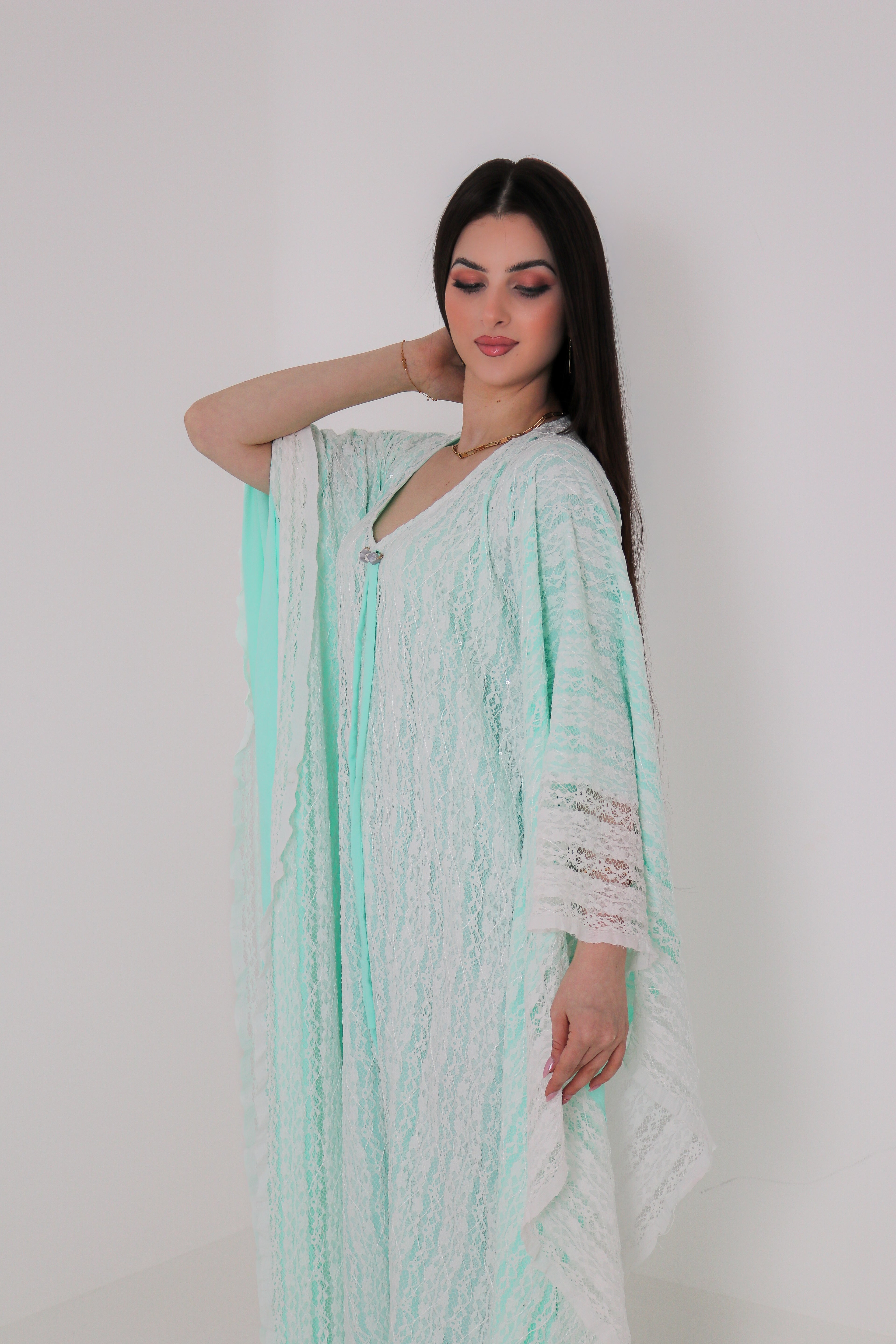 Mint Green Lace Abaya | Floral Lace Open Front