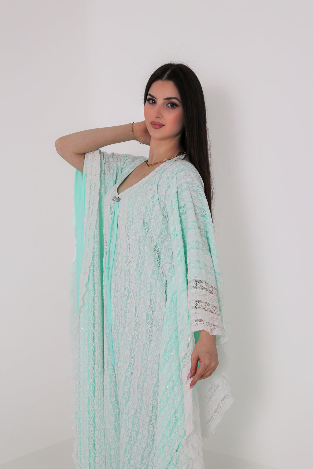 Mint Green Lace Abaya | Floral Lace Open Front