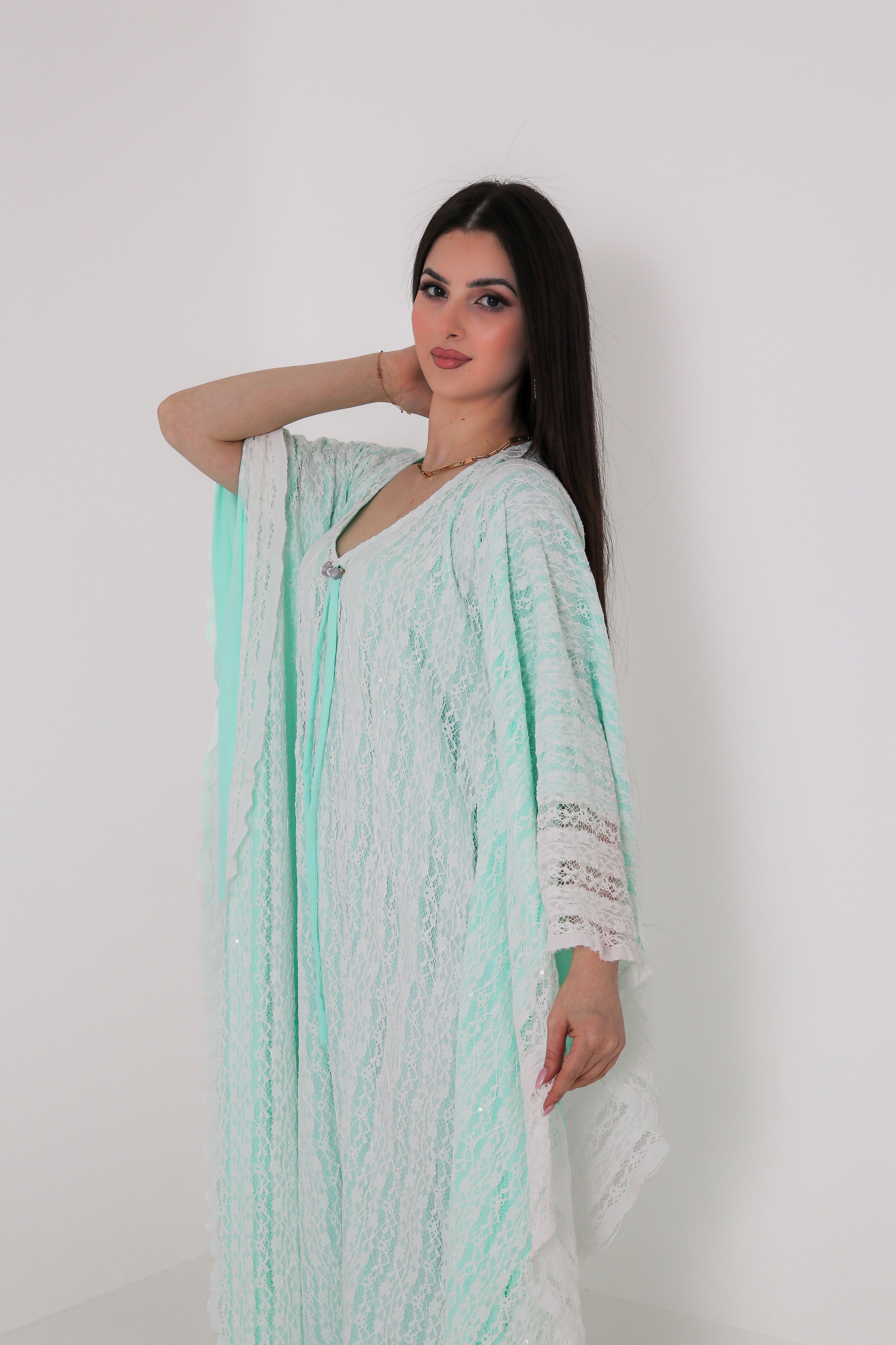 Mint Green Lace Abaya | Floral Lace Open Front
