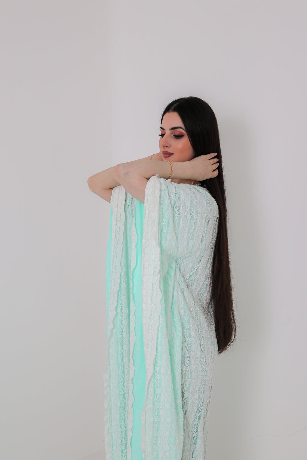 Mint Green Lace Abaya | Floral Lace Open Front