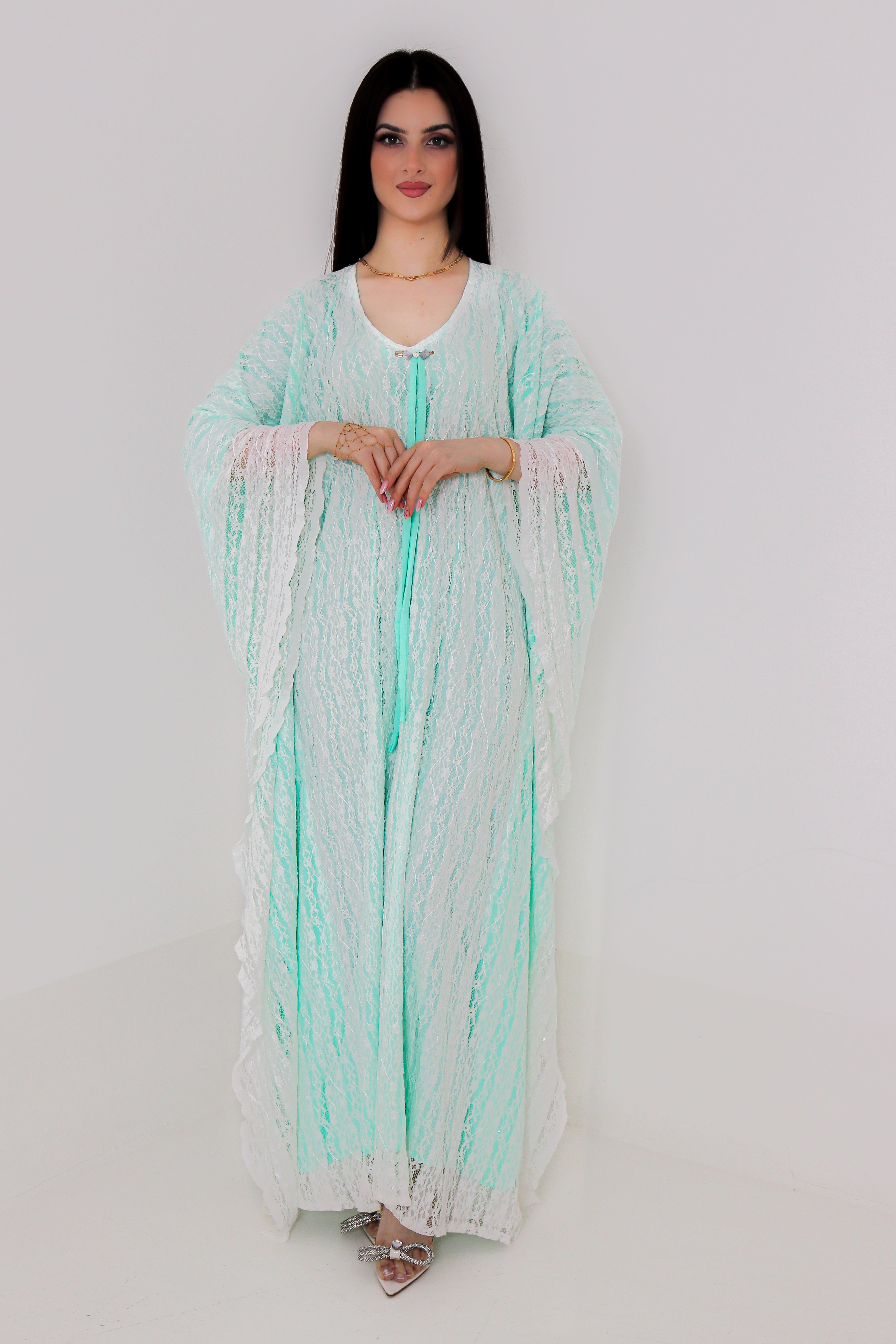 Mint Green Lace Abaya | Floral Lace Open Front