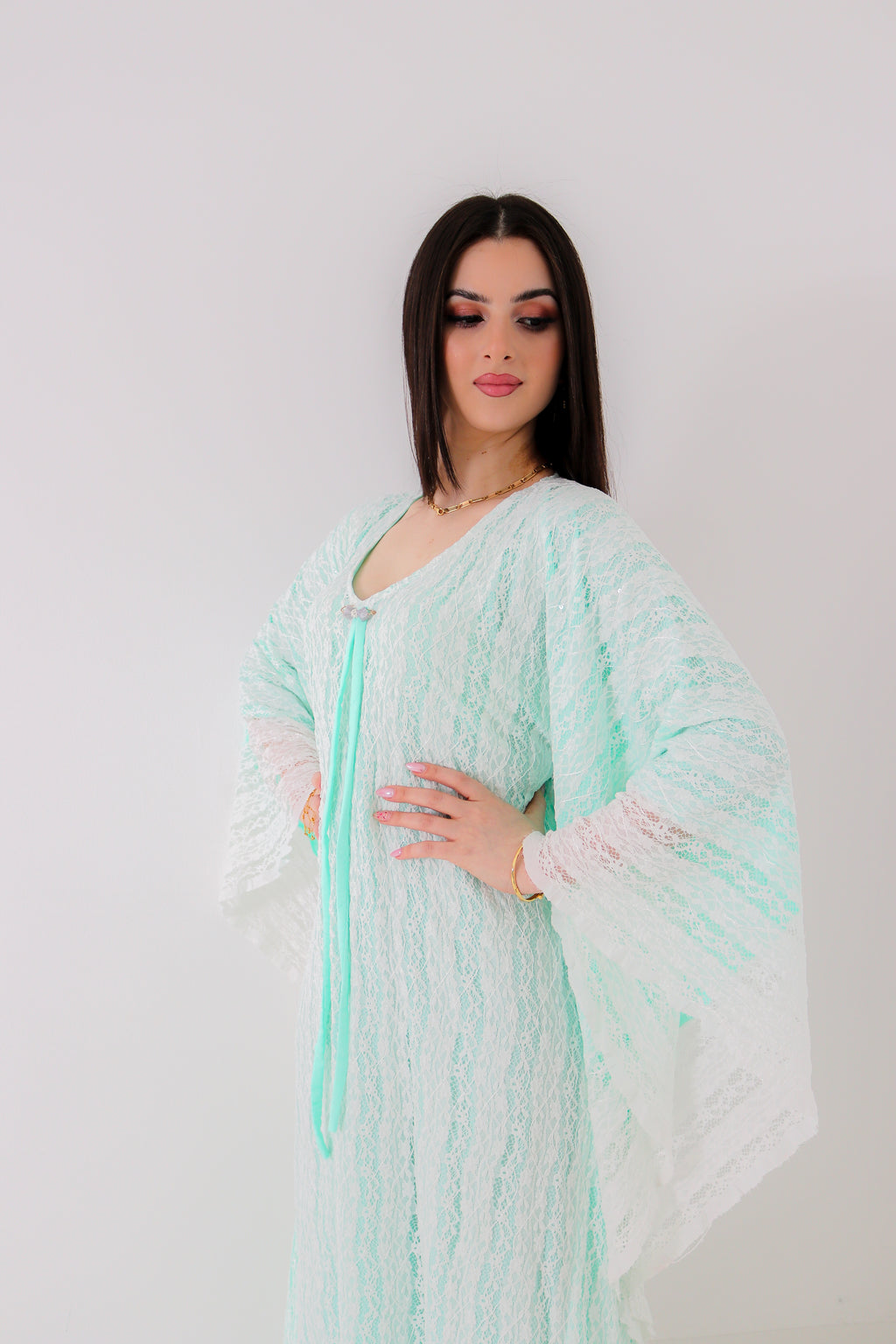 Mint Green Lace Abaya | Floral Lace Open Front