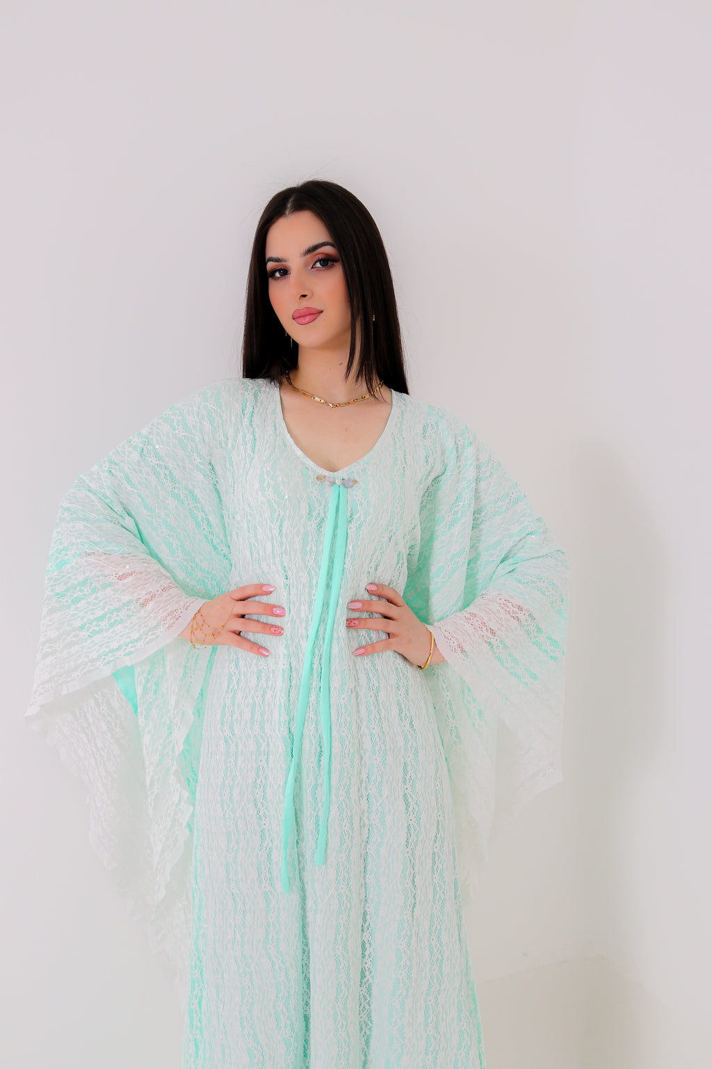 Mint Green Lace Abaya | Floral Lace Open Front