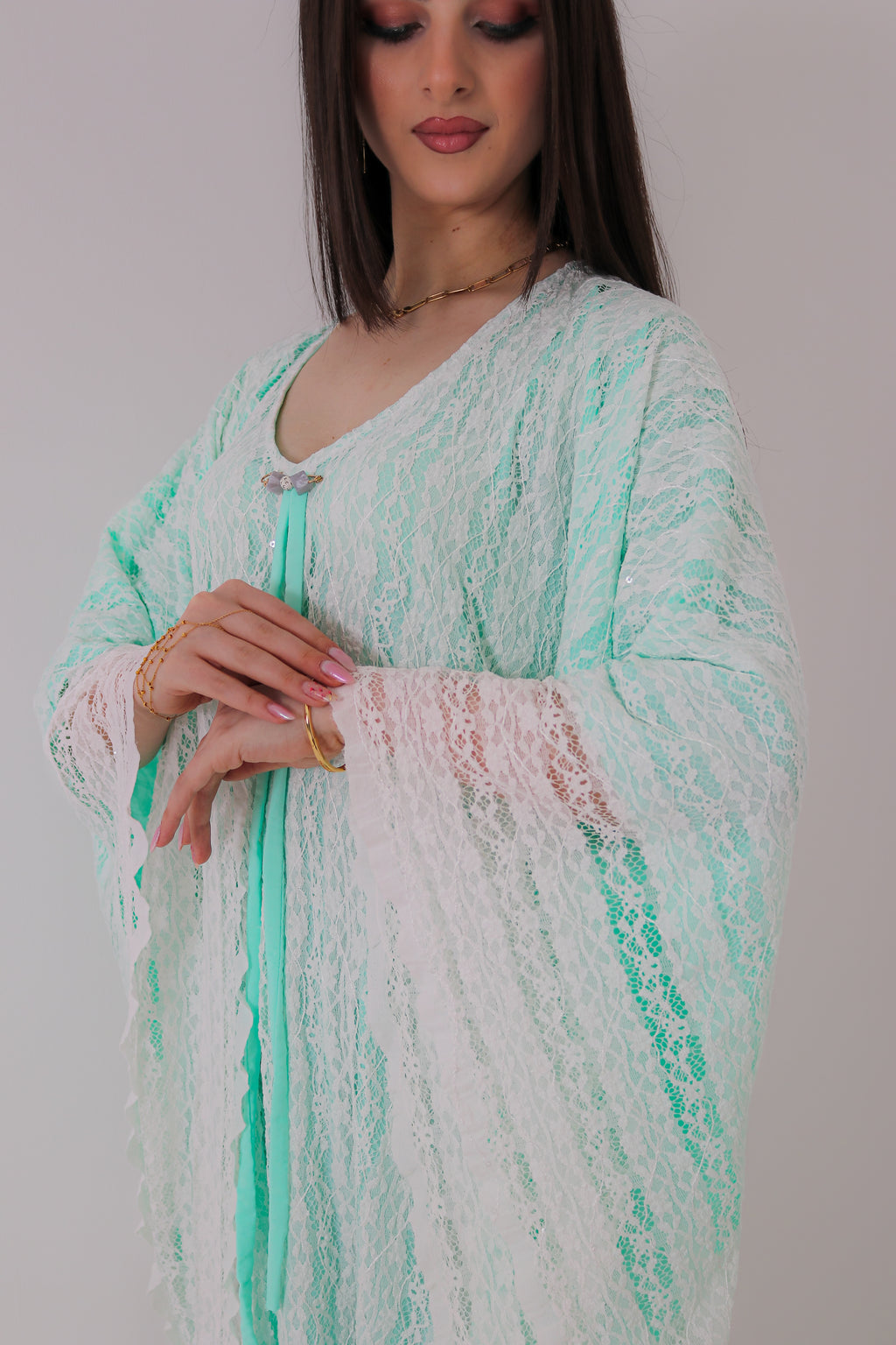 Mint Green Lace Abaya | Floral Lace Open Front