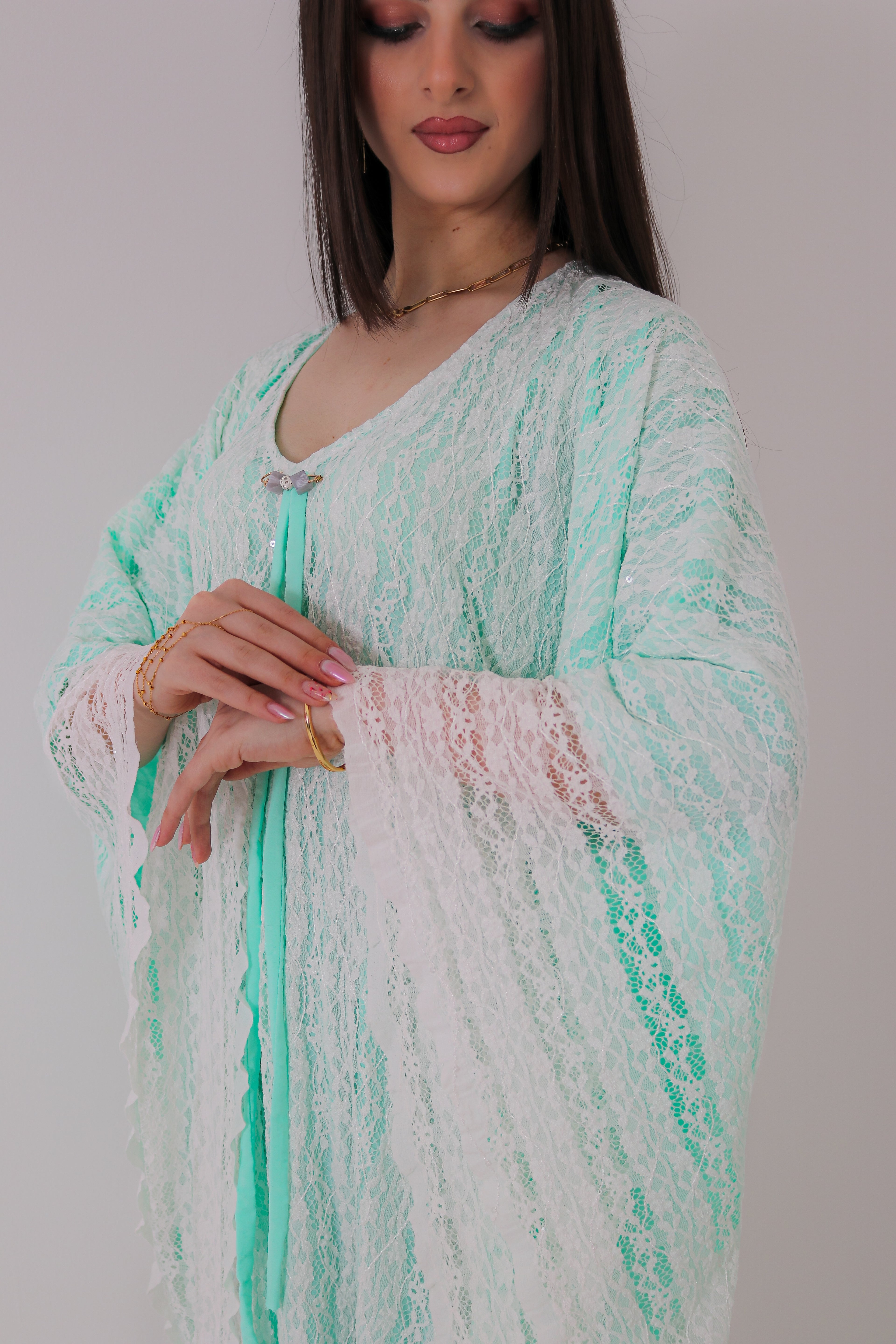 Mint Green Lace Abaya | Floral Lace Open Front
