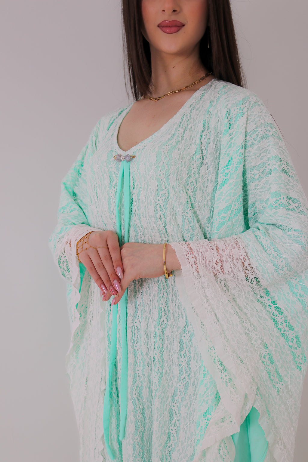 Mint Green Lace Abaya | Floral Lace Open Front