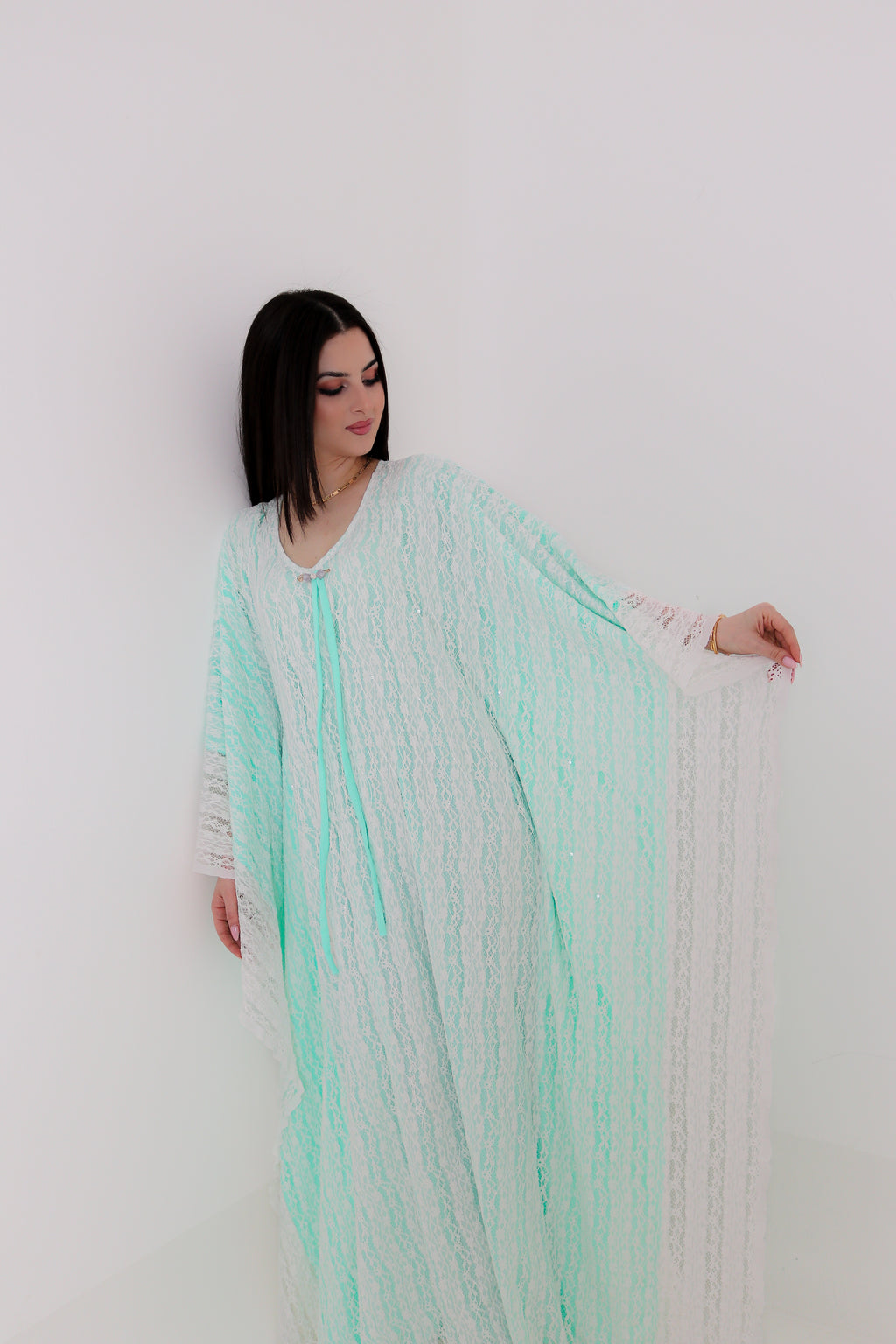 Mint Green Lace Abaya | Floral Lace Open Front