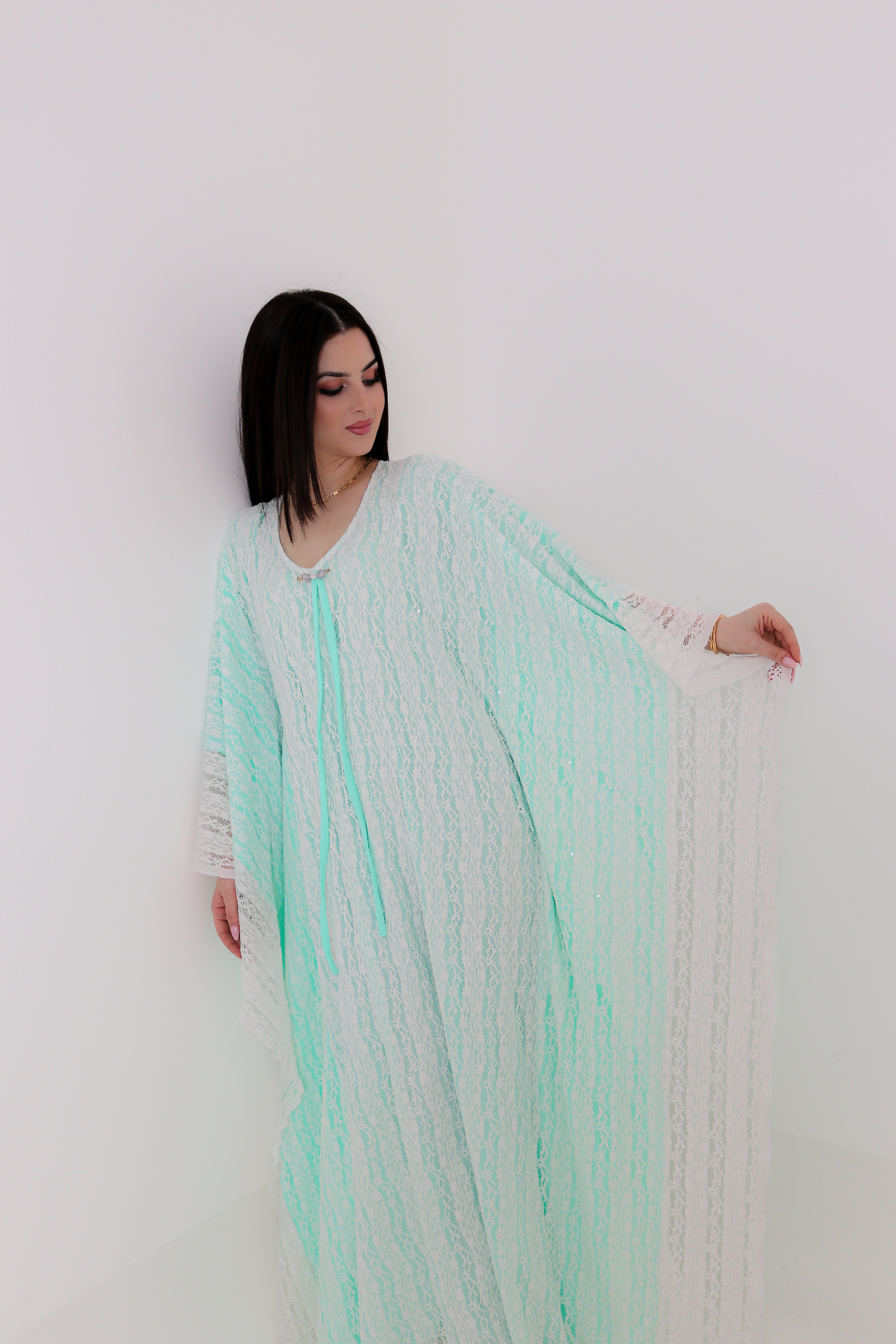 Mint Green Lace Abaya | Floral Lace Open Front