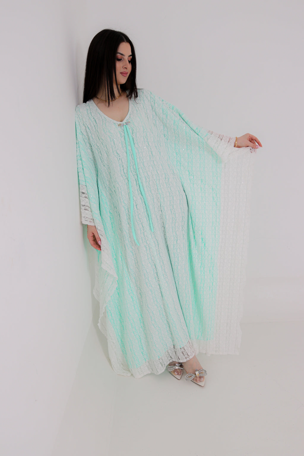 Mint Green Lace Abaya | Floral Lace Open Front