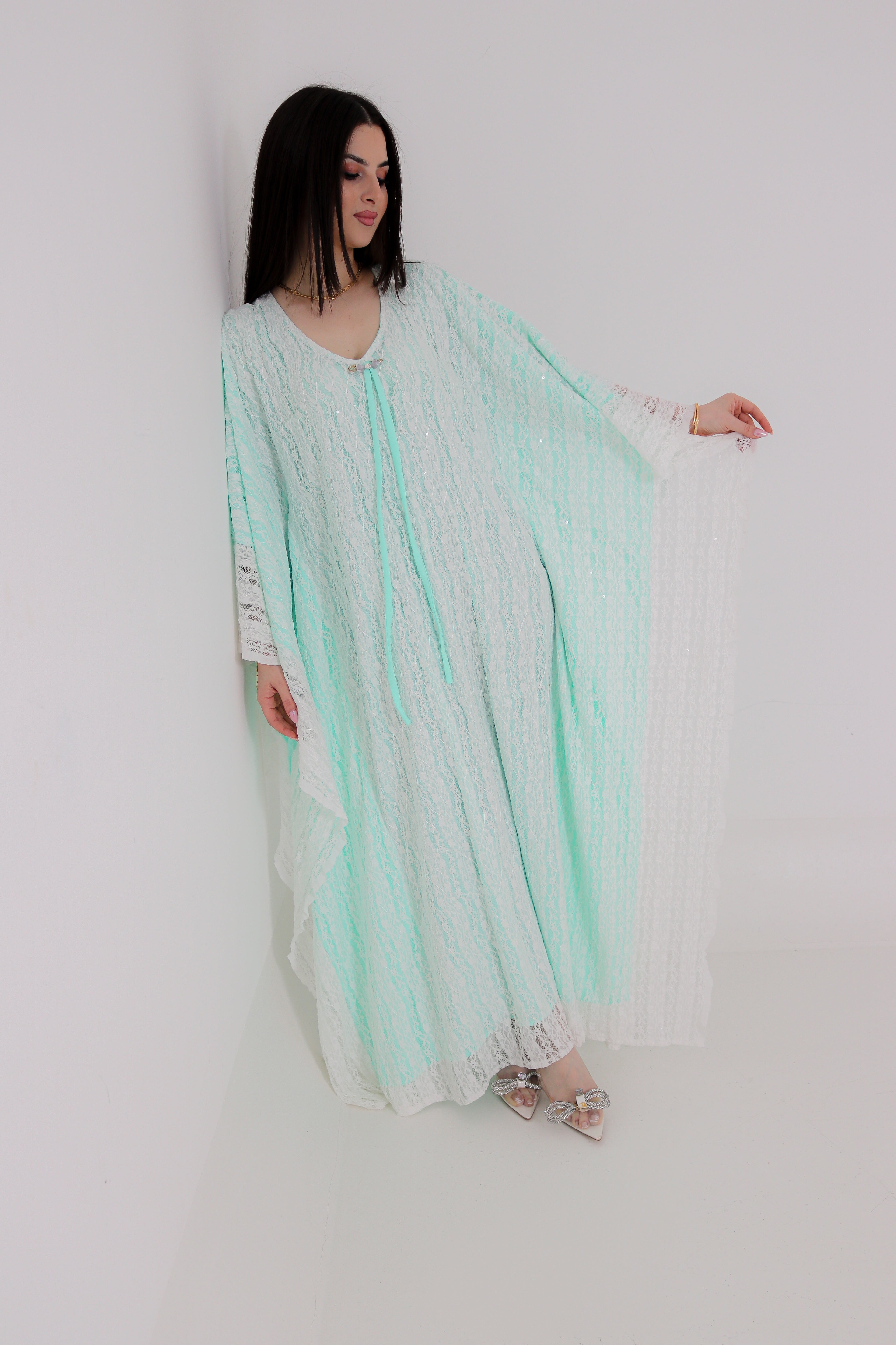 Mint Green Lace Abaya | Floral Lace Open Front