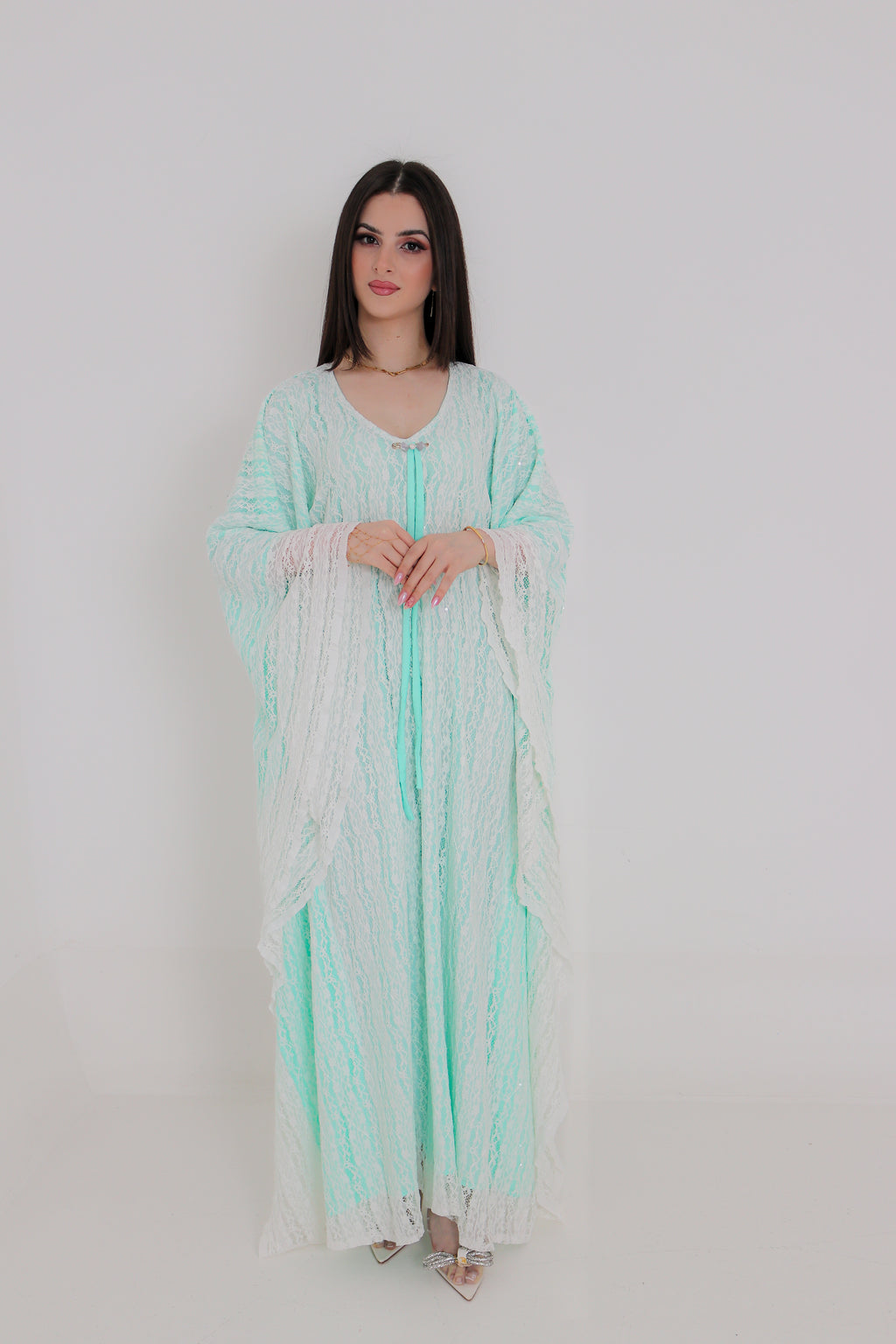 Mint Green Lace Abaya | Floral Lace Open Front